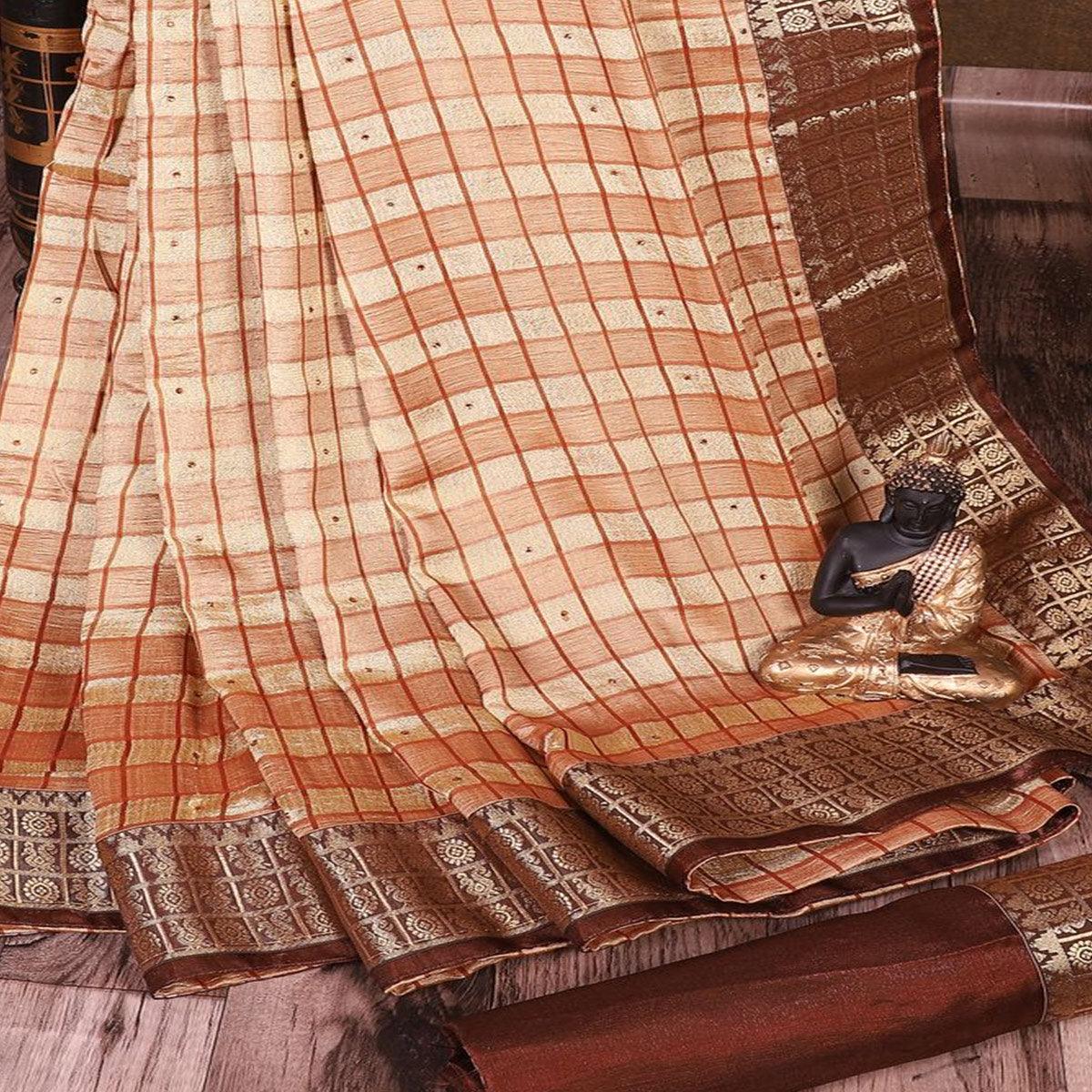Intricate Brown Colored Festive Wear Woven Banarasi Silk Saree - Peachmode