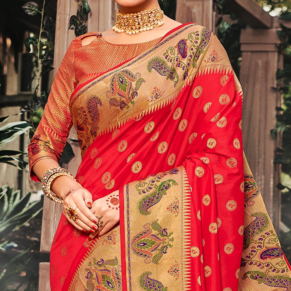Intricate Coral Red Colored Festive Wear Woven Banarasi Silk Saree With Tassels - Peachmode