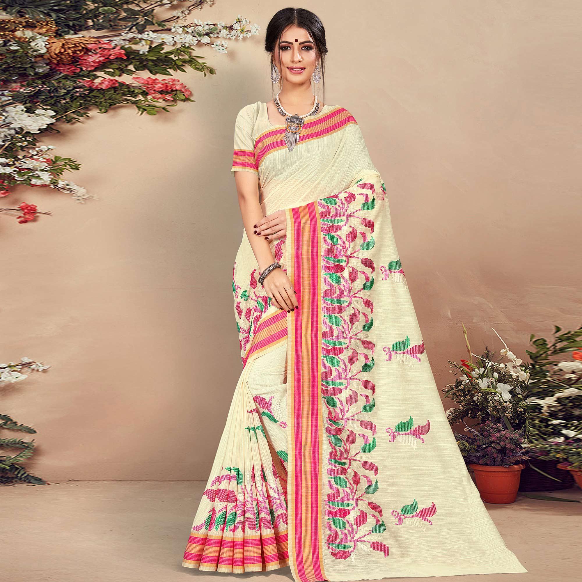 Intricate Cream Colored Casual Wear Floral Printed Cotton Saree - Peachmode