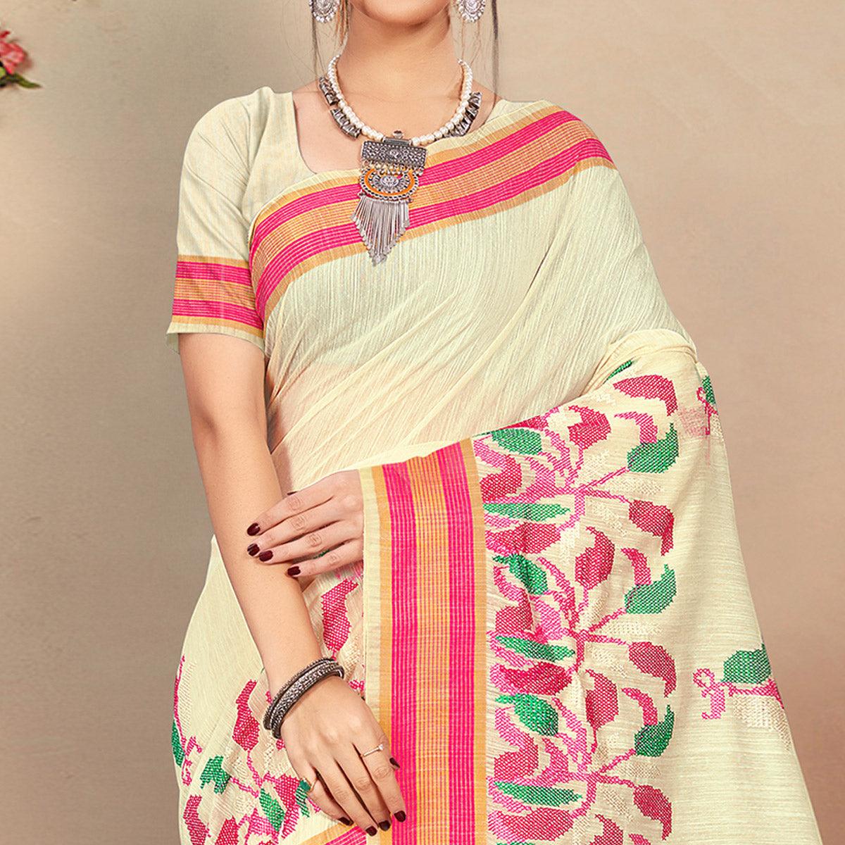 Intricate Cream Colored Casual Wear Floral Printed Cotton Saree - Peachmode