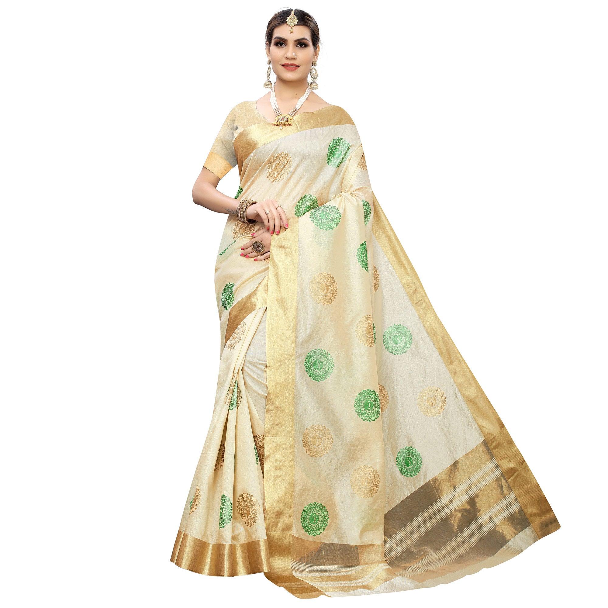 Intricate Cream-Green Colored Festive Wear Woven Cotton Silk Saree - Peachmode