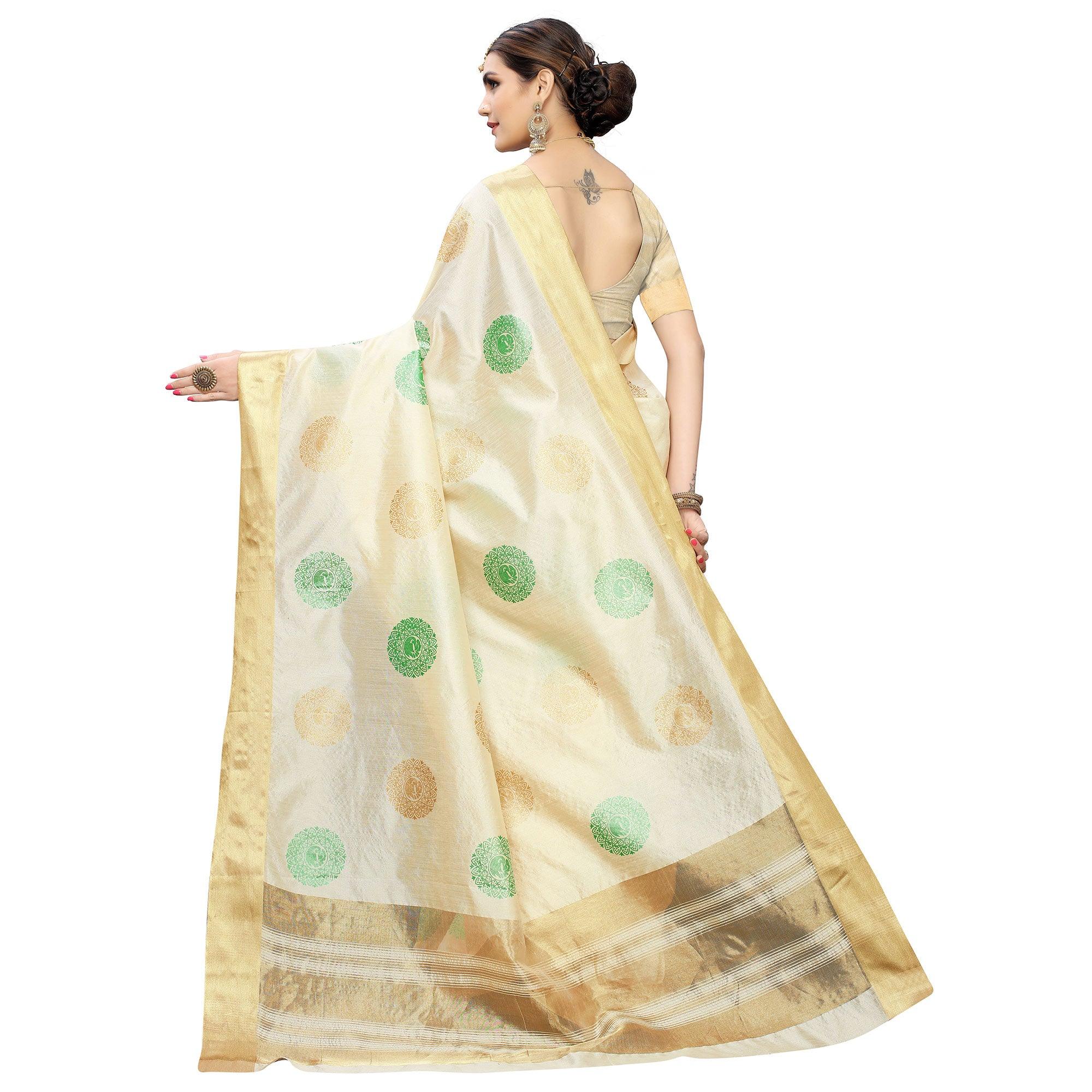 Intricate Cream-Green Colored Festive Wear Woven Cotton Silk Saree - Peachmode