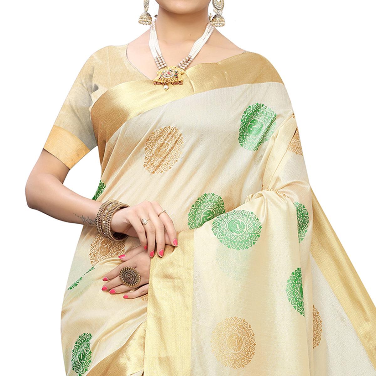 Intricate Cream-Green Colored Festive Wear Woven Cotton Silk Saree - Peachmode
