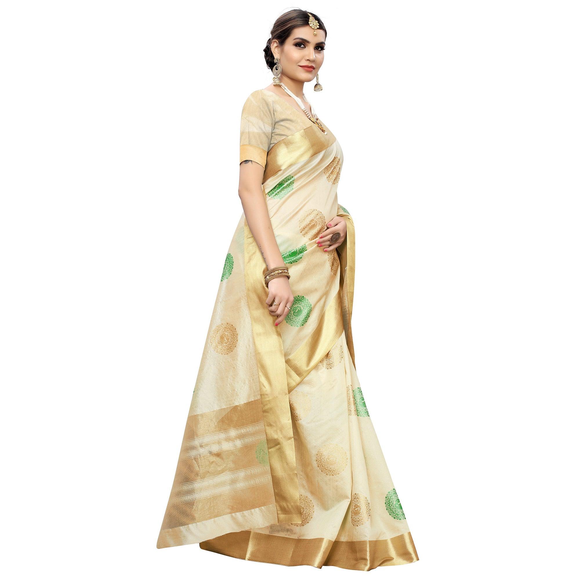 Intricate Cream-Green Colored Festive Wear Woven Cotton Silk Saree - Peachmode