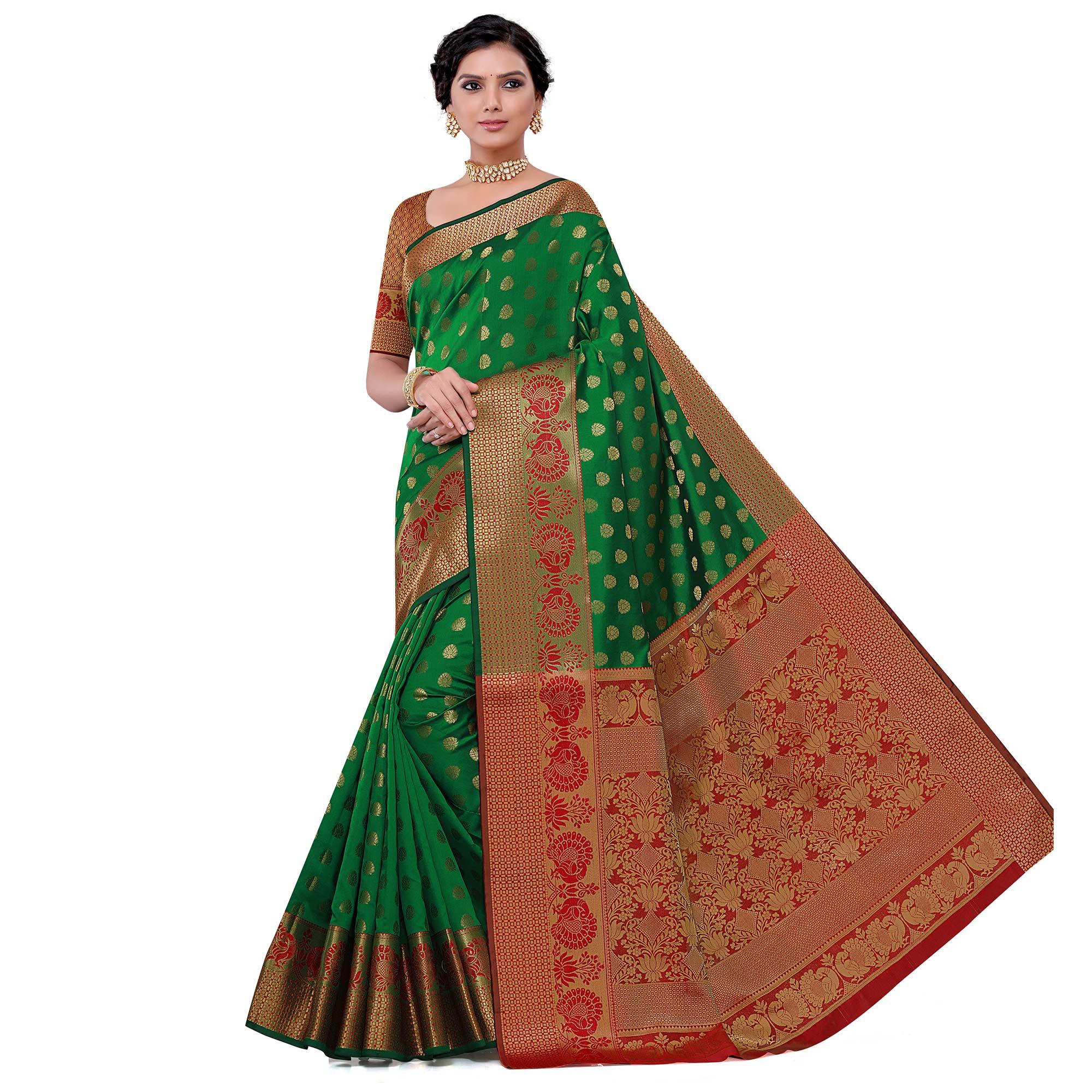 Intricate Dark Green Colored Festive Wear Woven Kota Art Silk Banarasi Saree - Peachmode