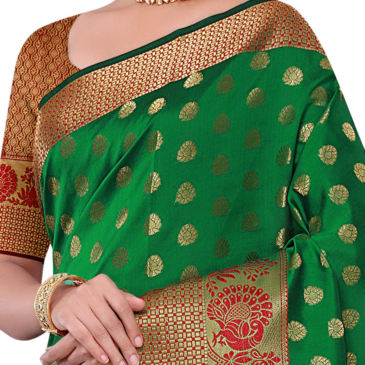 Intricate Dark Green Colored Festive Wear Woven Kota Art Silk Banarasi Saree - Peachmode