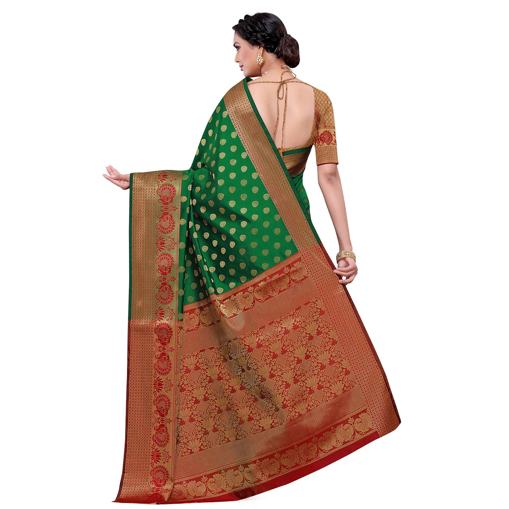 Intricate Dark Green Colored Festive Wear Woven Kota Art Silk Banarasi Saree - Peachmode