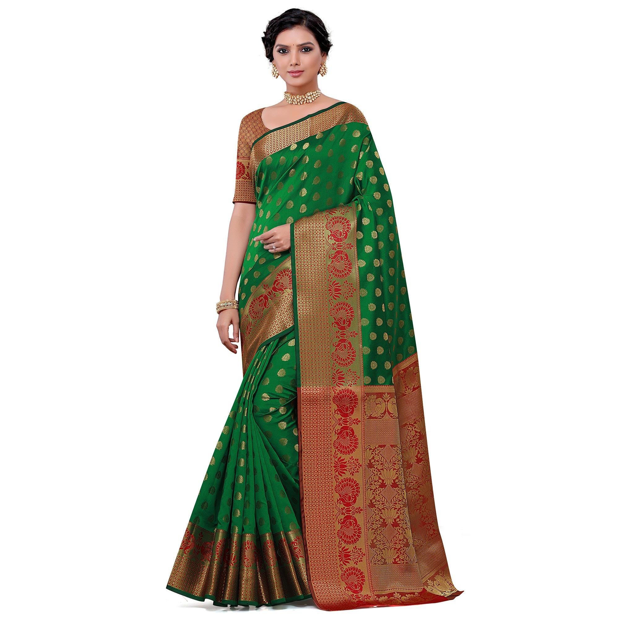 Intricate Dark Green Colored Festive Wear Woven Kota Art Silk Banarasi Saree - Peachmode