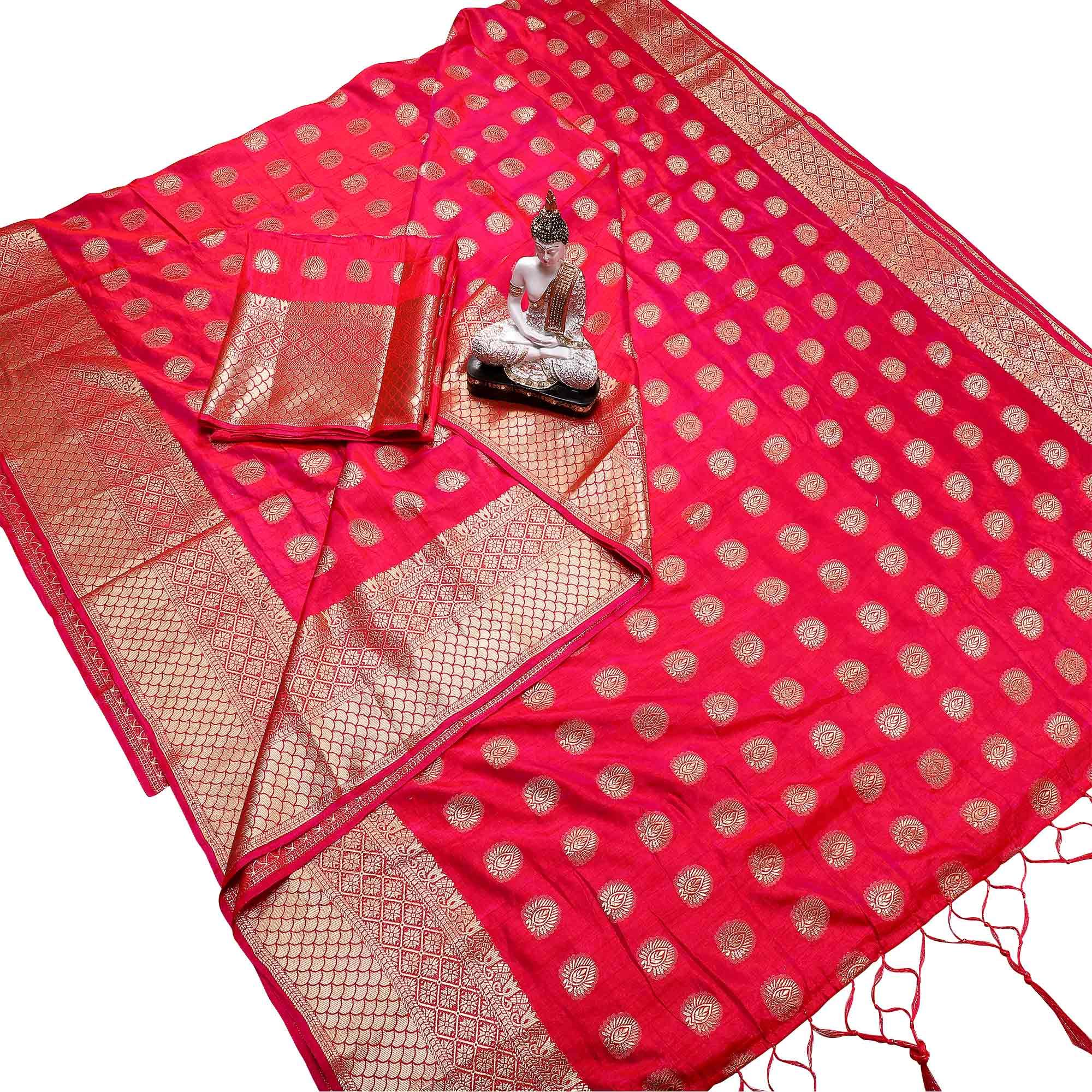 Intricate Deep Pink Colored Festive Wear Woven Banarasi Silk Saree With Tassels - Peachmode