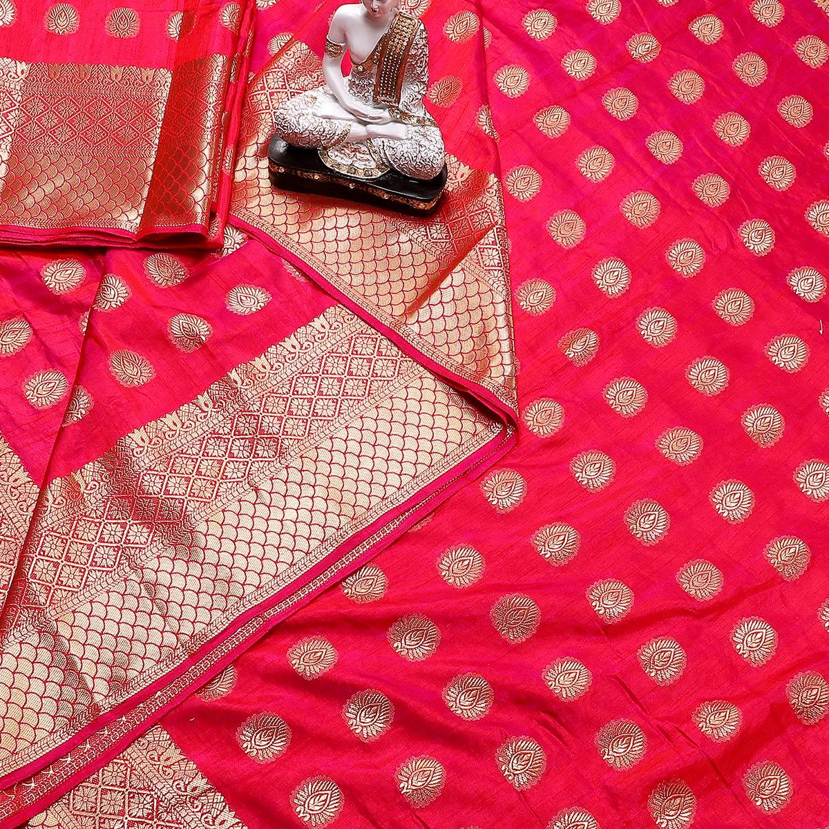 Intricate Deep Pink Colored Festive Wear Woven Banarasi Silk Saree With Tassels - Peachmode