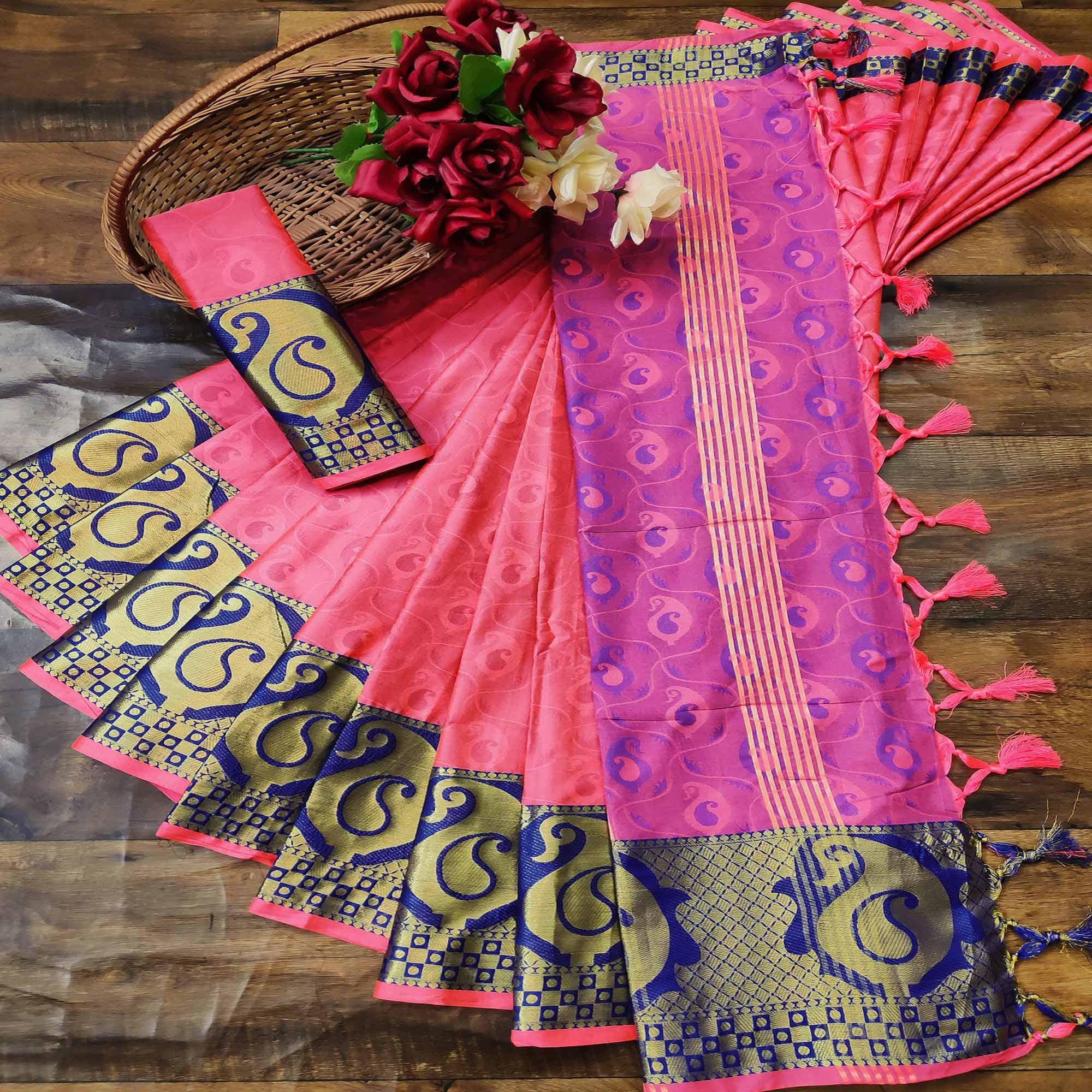 Intricate Gajari Colored Festive Wear Woven Cotton Silk Saree - Peachmode