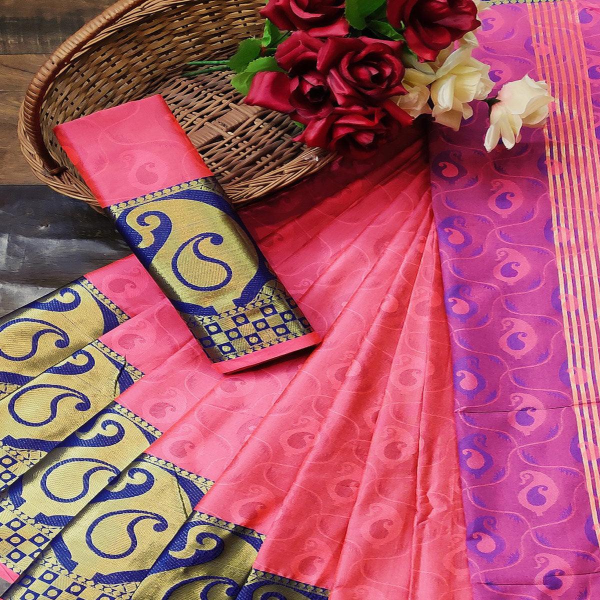 Intricate Gajari Colored Festive Wear Woven Cotton Silk Saree - Peachmode