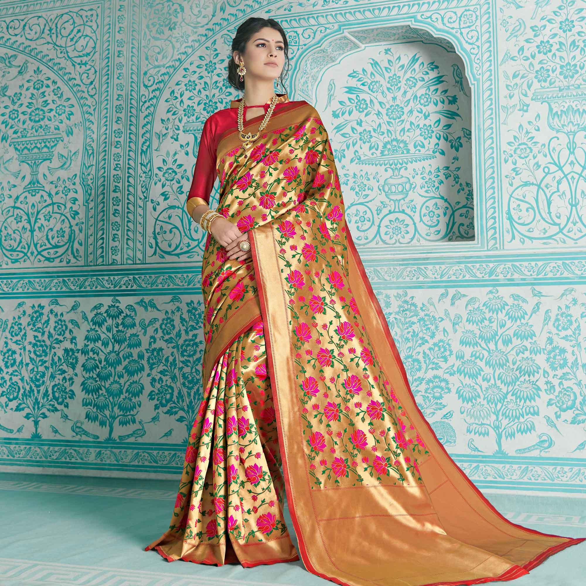 Intricate Golden-Red Colored Festive Wear Woven Paithani Banarasi Silk Saree - Peachmode