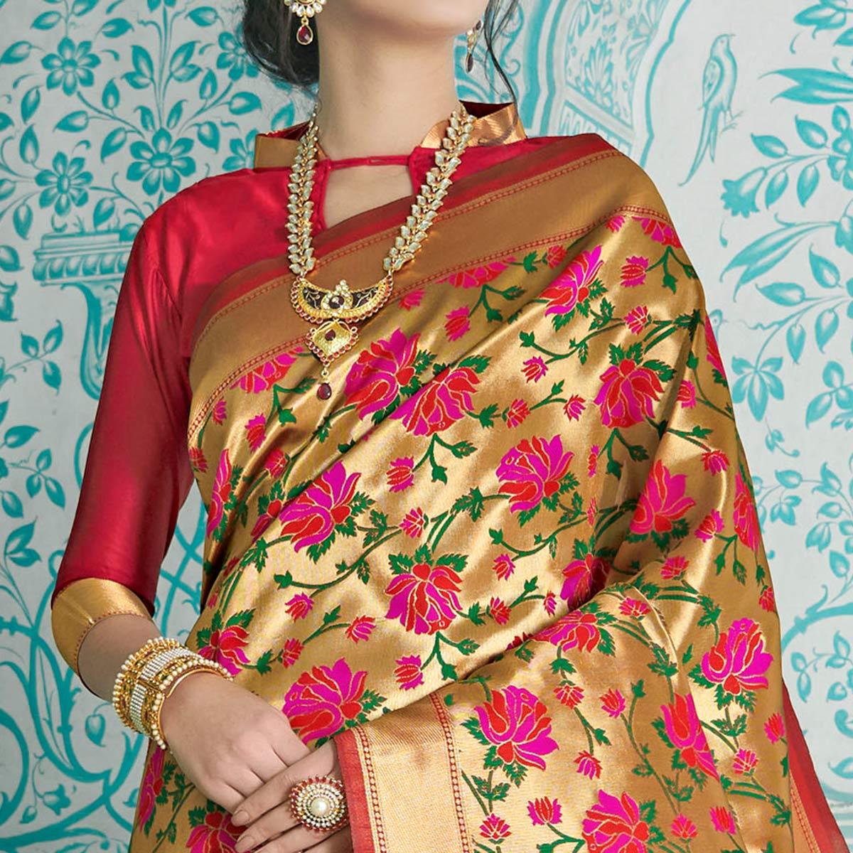 Intricate Golden-Red Colored Festive Wear Woven Paithani Banarasi Silk Saree - Peachmode