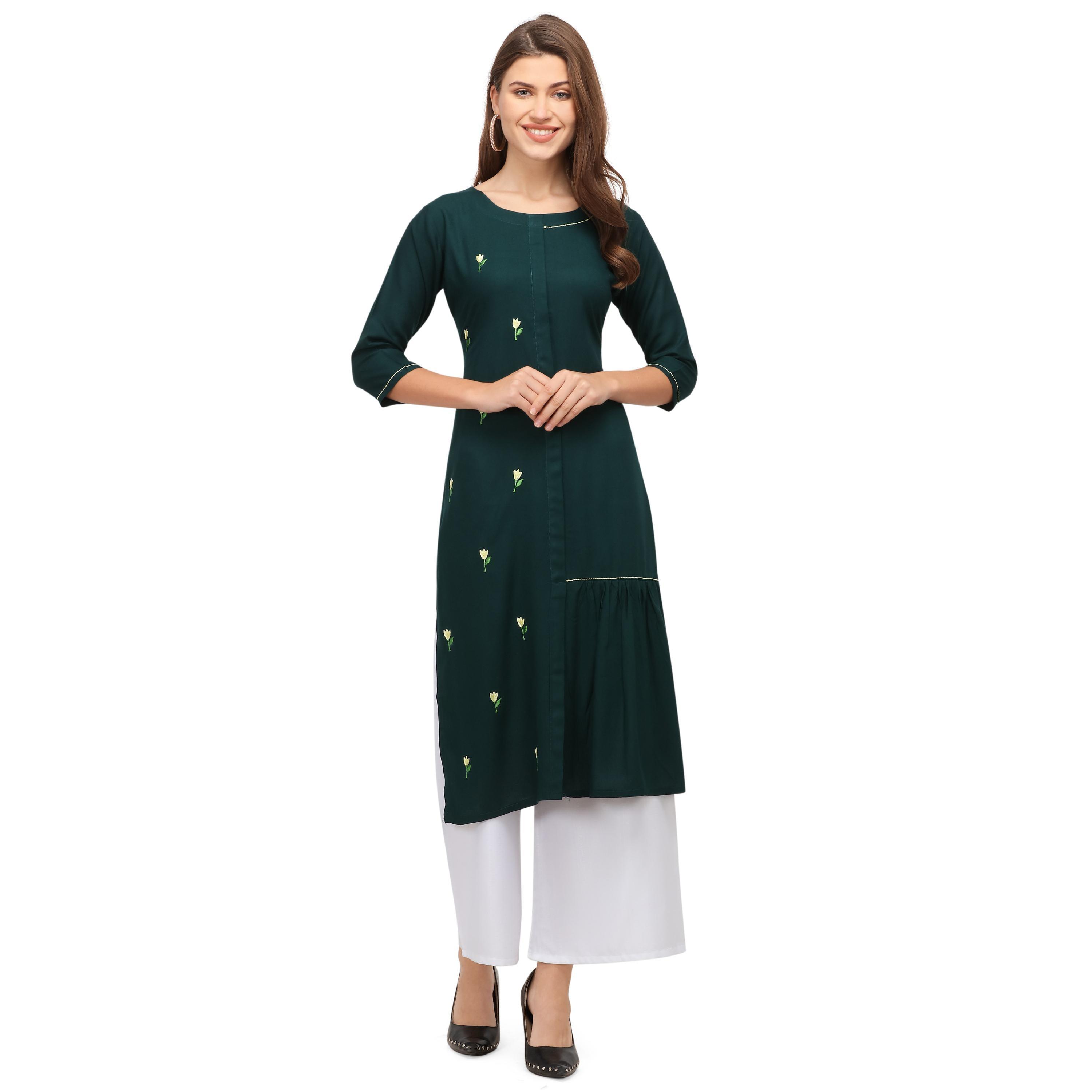 Intricate Green Colored Casual Wear Embroidered Rayon Kurti With Palazzo - Peachmode