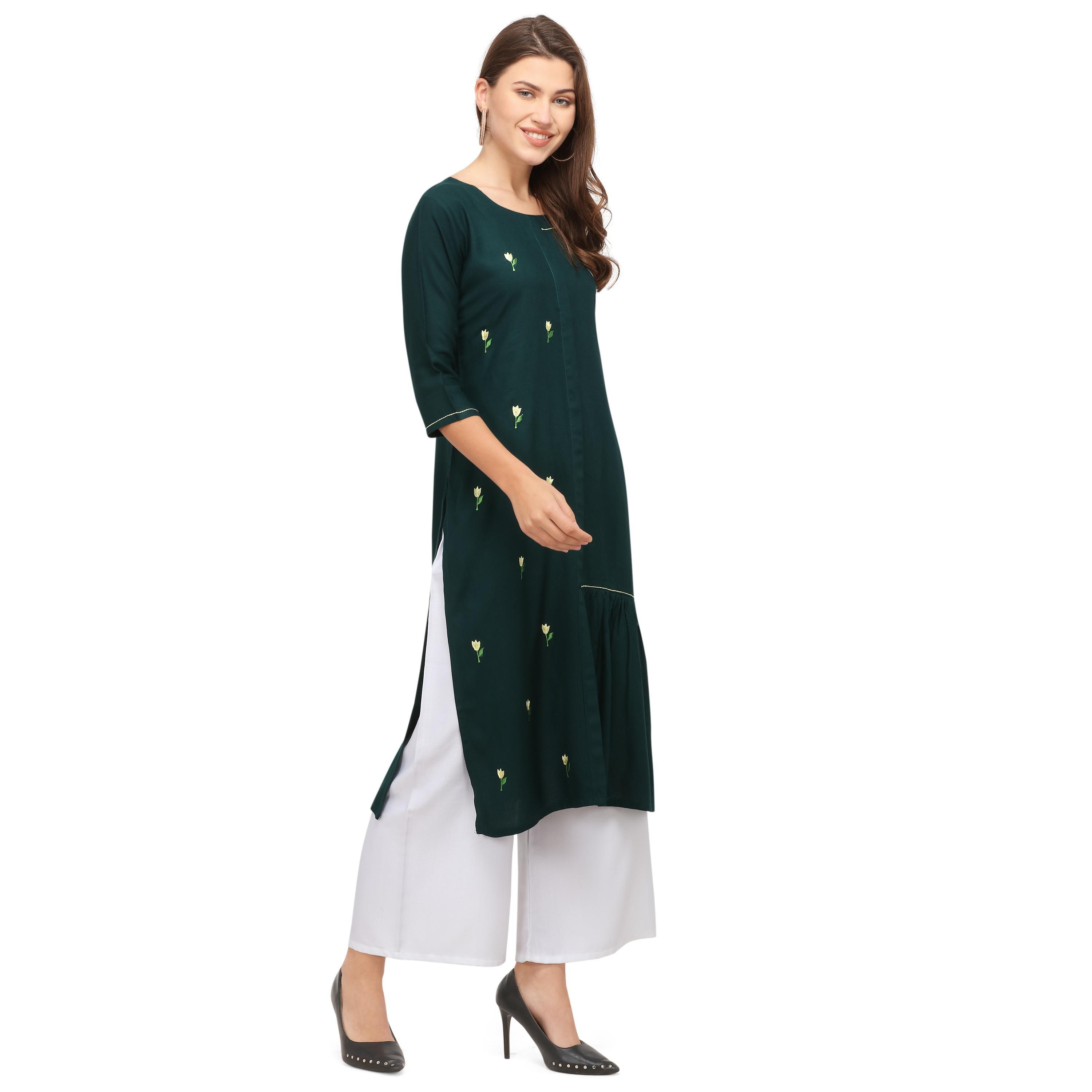 Intricate Green Colored Casual Wear Embroidered Rayon Kurti With Palazzo - Peachmode