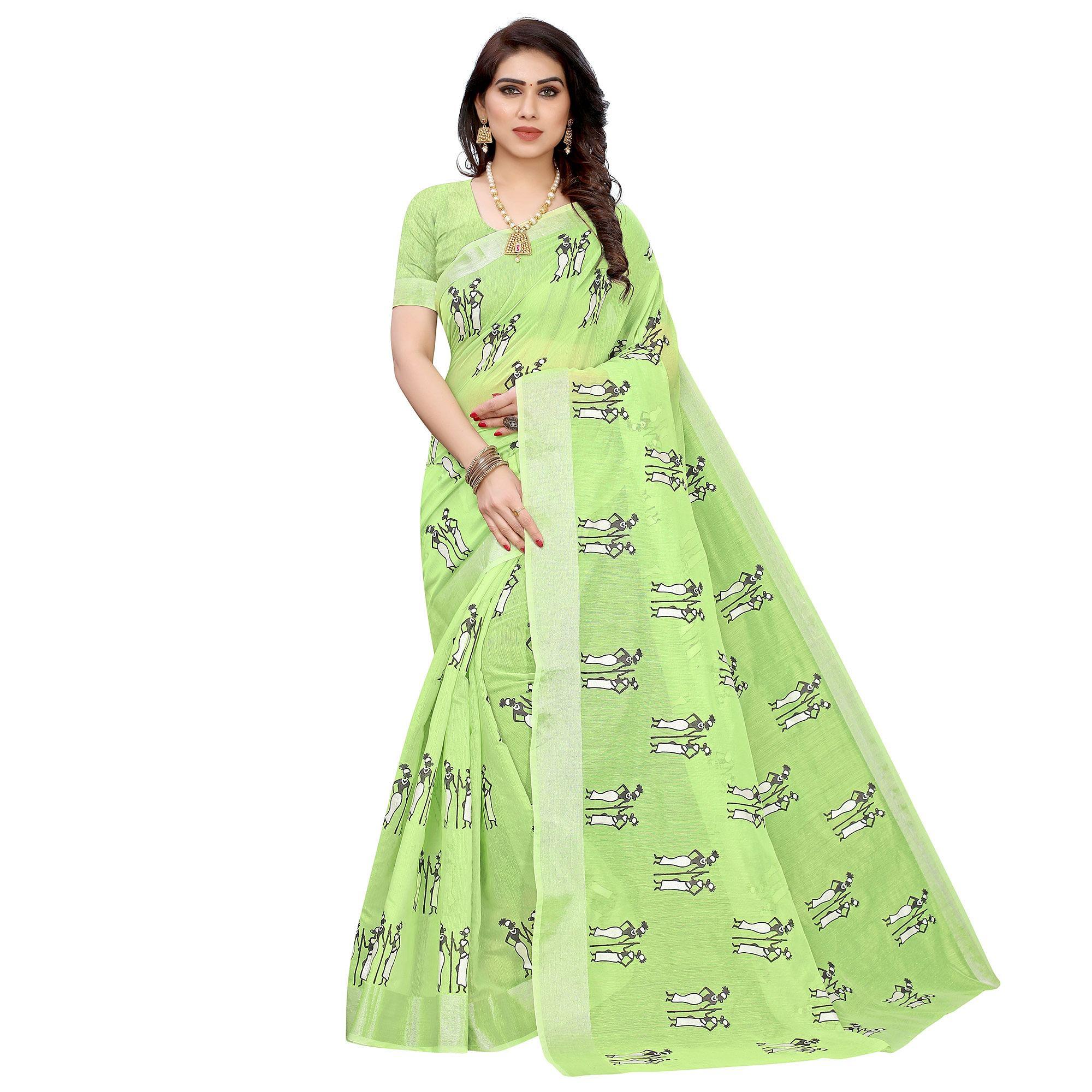 Intricate Green Colored Casual Wear Printed Chanderi Silk Saree - Peachmode