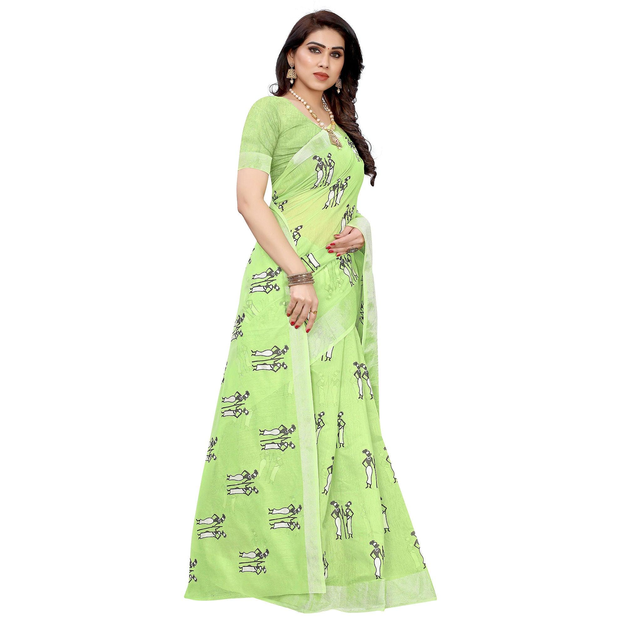 Intricate Green Colored Casual Wear Printed Chanderi Silk Saree - Peachmode