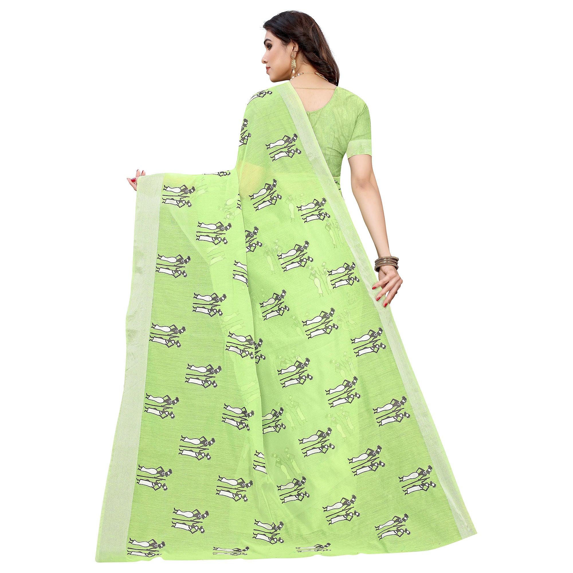 Intricate Green Colored Casual Wear Printed Chanderi Silk Saree - Peachmode