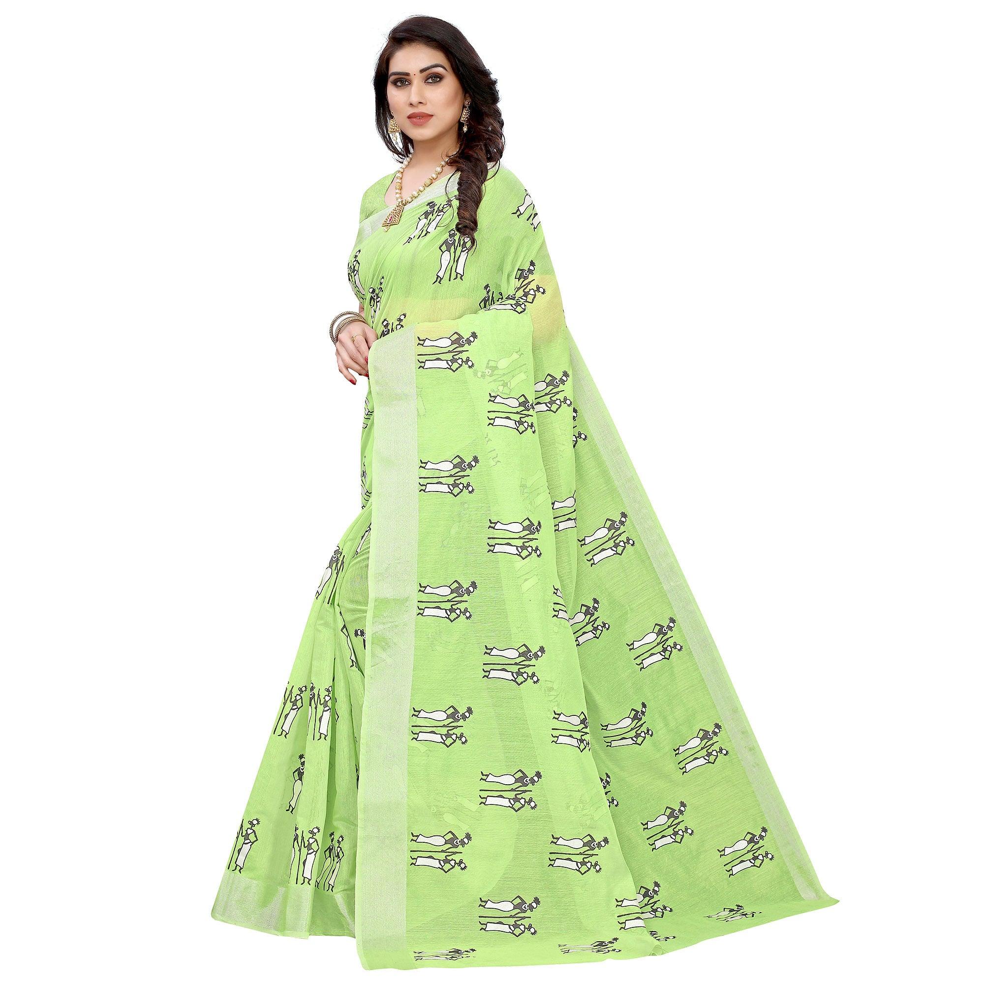 Intricate Green Colored Casual Wear Printed Chanderi Silk Saree - Peachmode