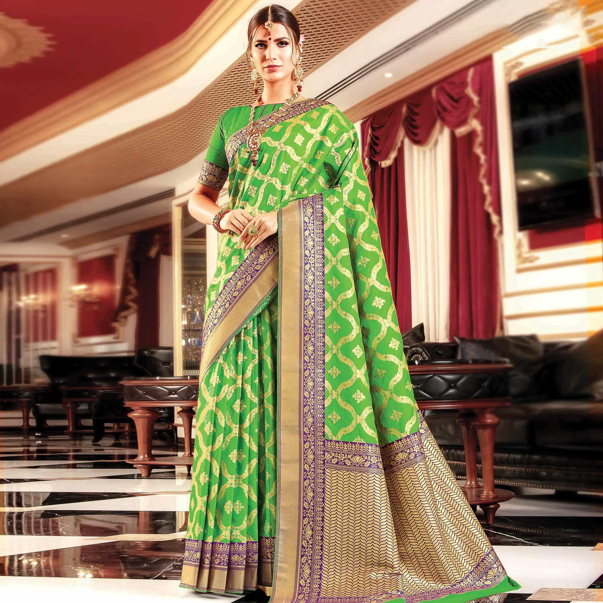Intricate Green Colored Festive Wear Woven Banarasi Silk Saree - Peachmode