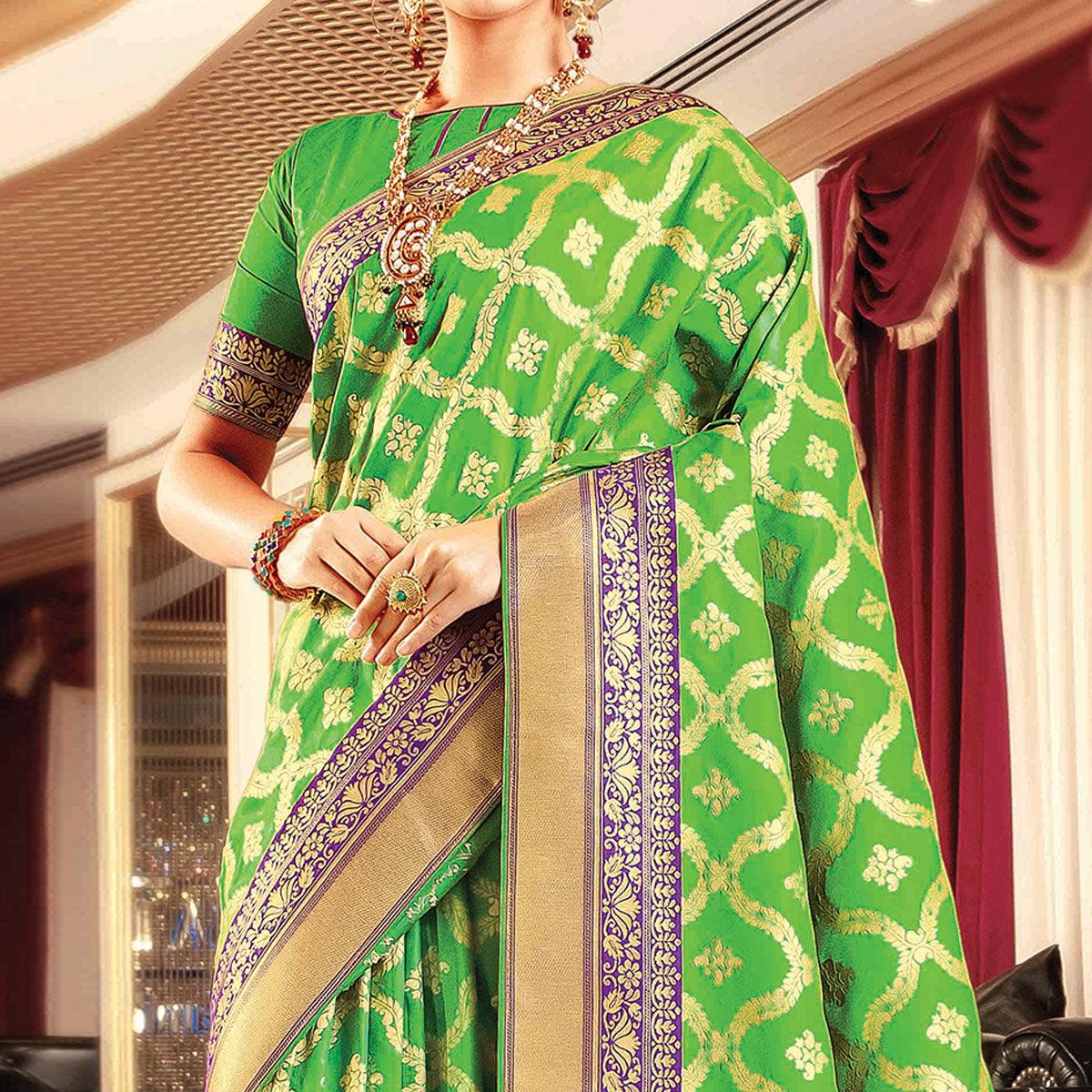 Intricate Green Colored Festive Wear Woven Banarasi Silk Saree - Peachmode