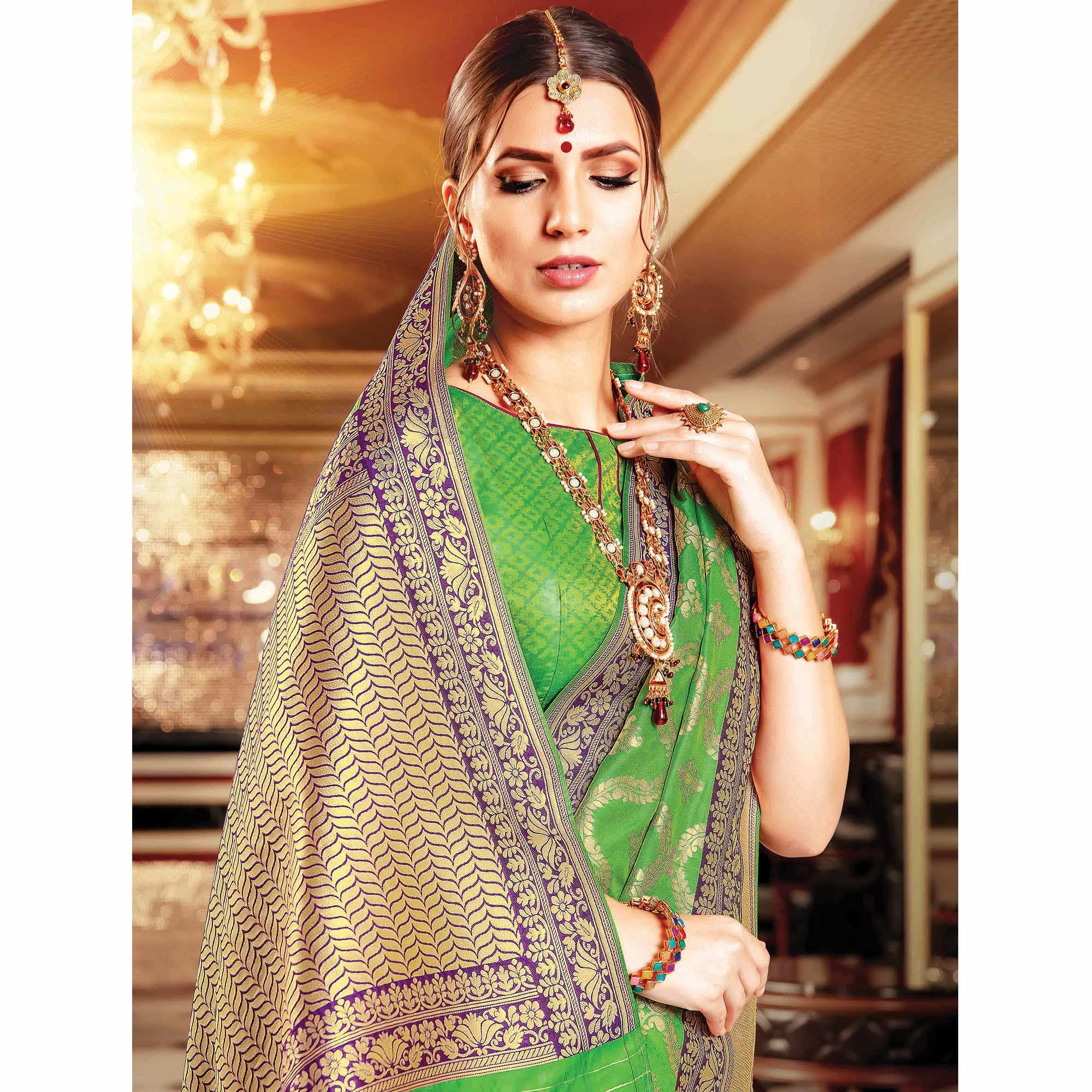 Intricate Green Colored Festive Wear Woven Banarasi Silk Saree - Peachmode