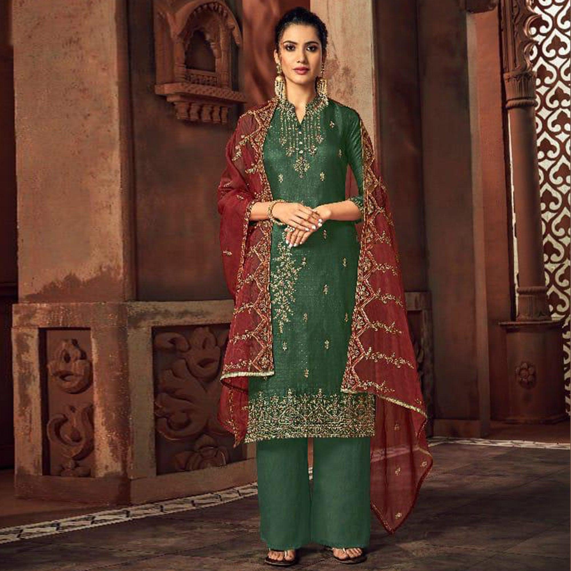 Intricate Green Colored Party Wear Embroidered Silk Palazzo Suit - Peachmode