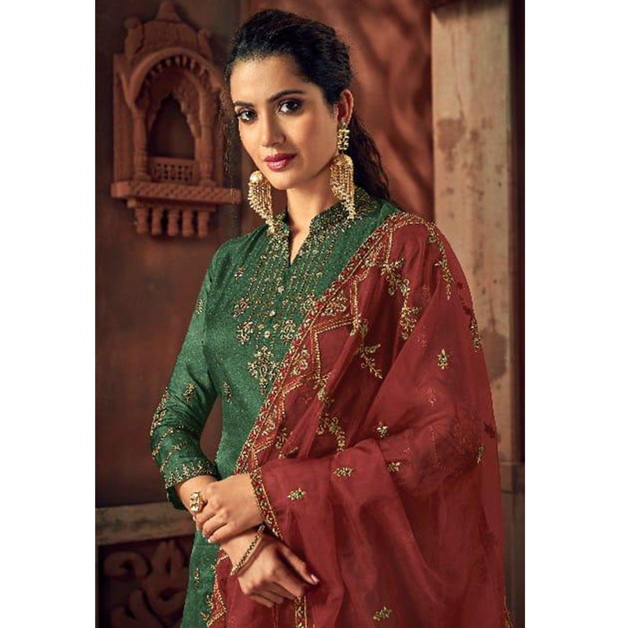 Intricate Green Colored Party Wear Embroidered Silk Palazzo Suit - Peachmode