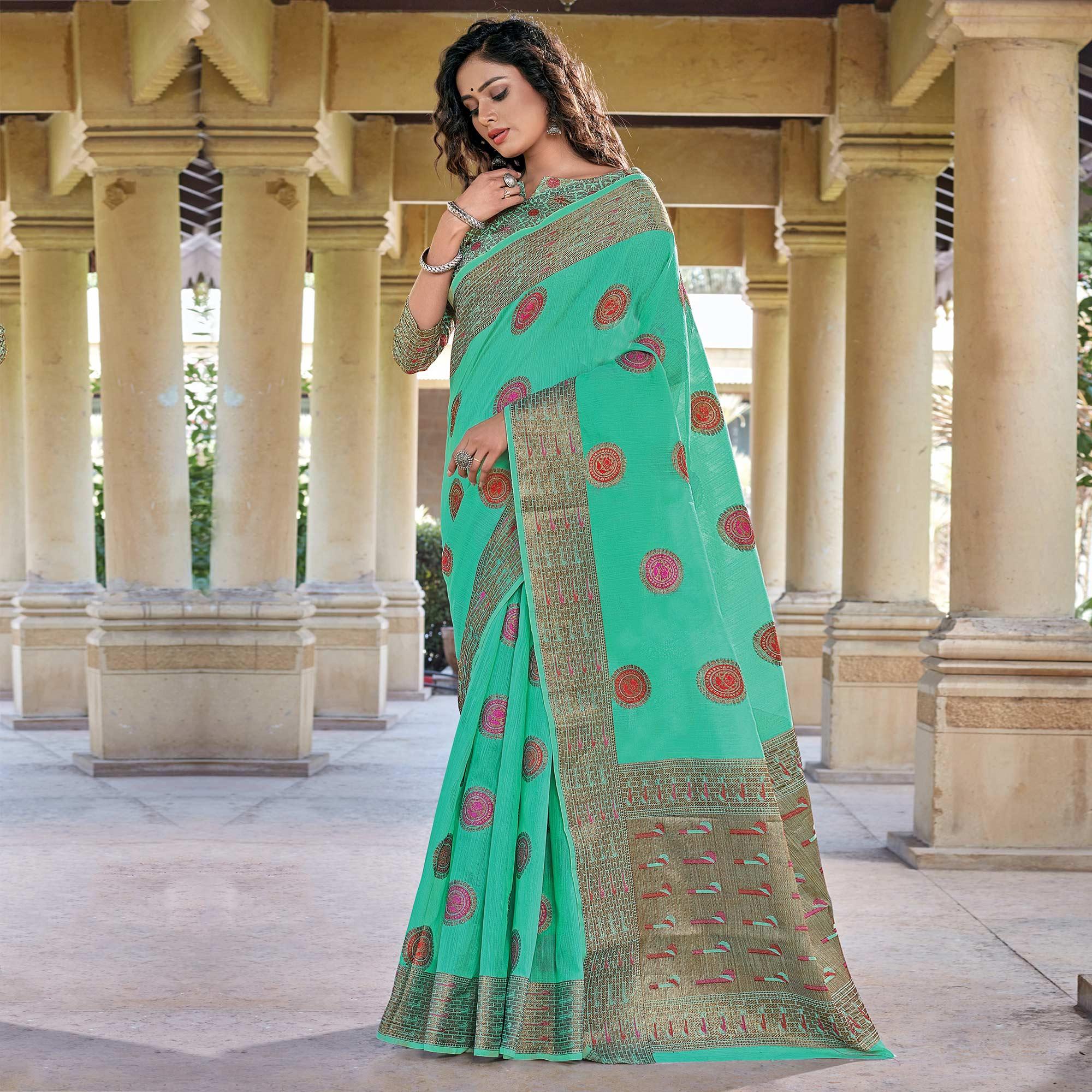 Intricate Green Coloured Festive Wear Woven Cotton Handloom Saree - Peachmode