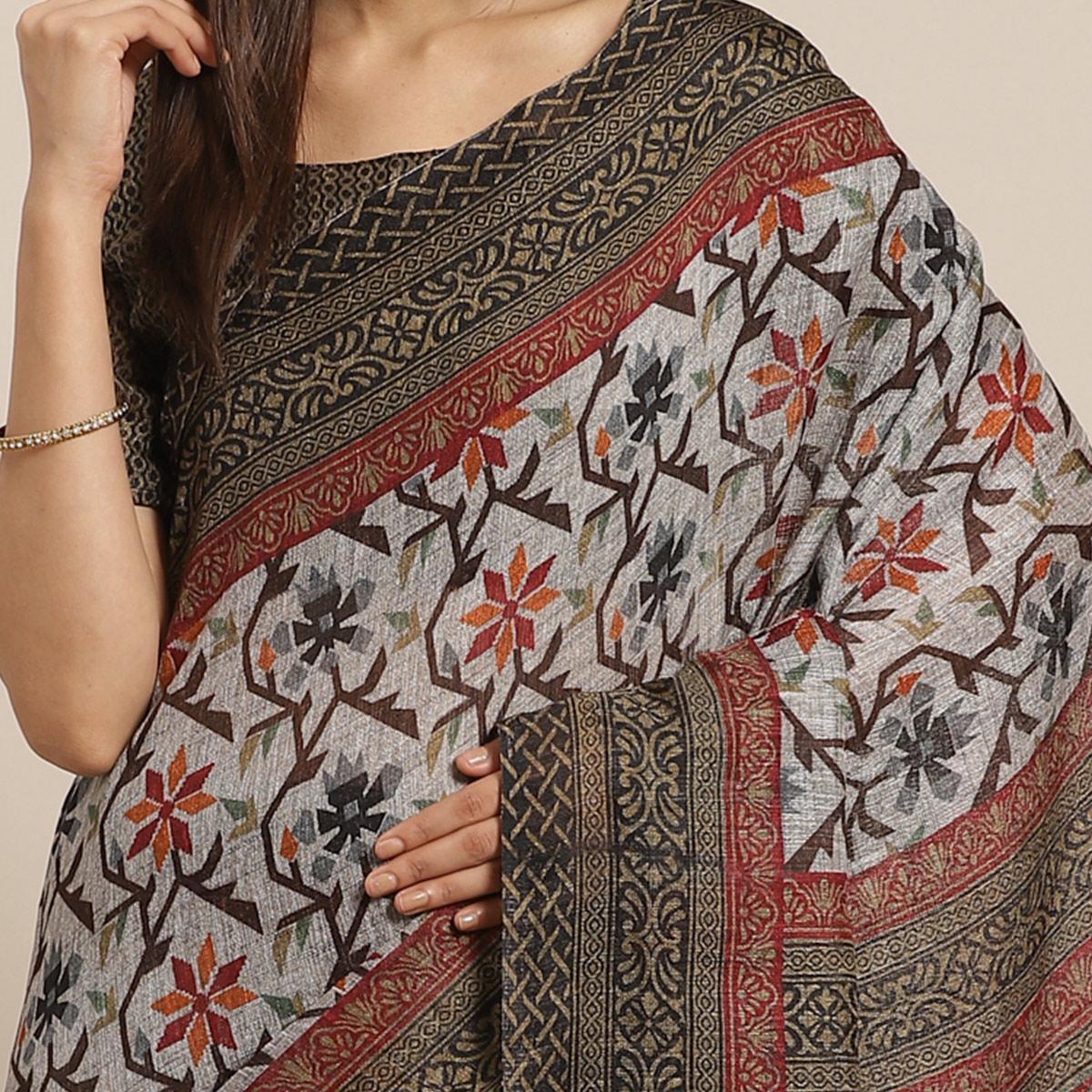 Intricate Grey - Black Colored Casual Wear Printed Silk blend Saree - Peachmode