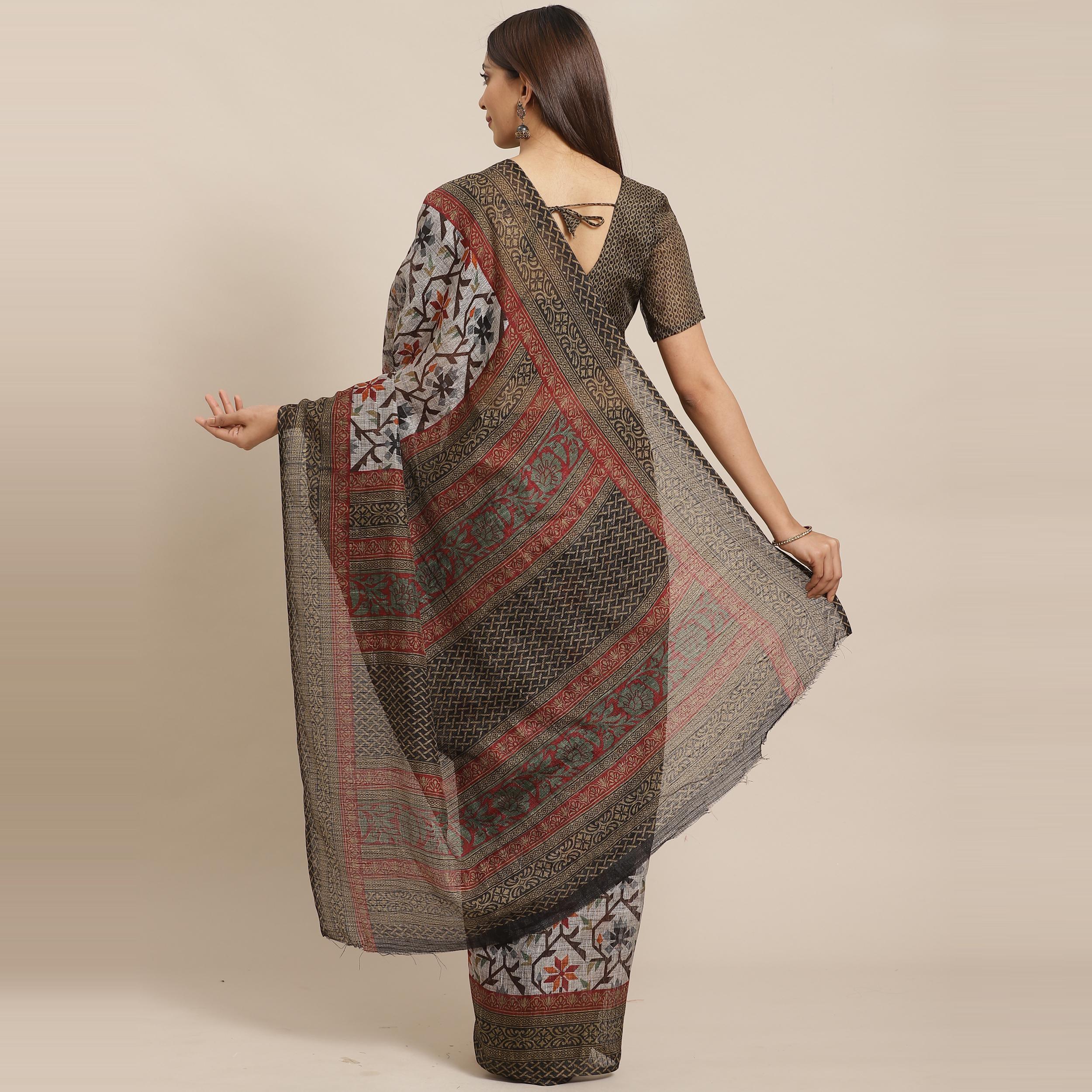 Intricate Grey - Black Colored Casual Wear Printed Silk blend Saree - Peachmode