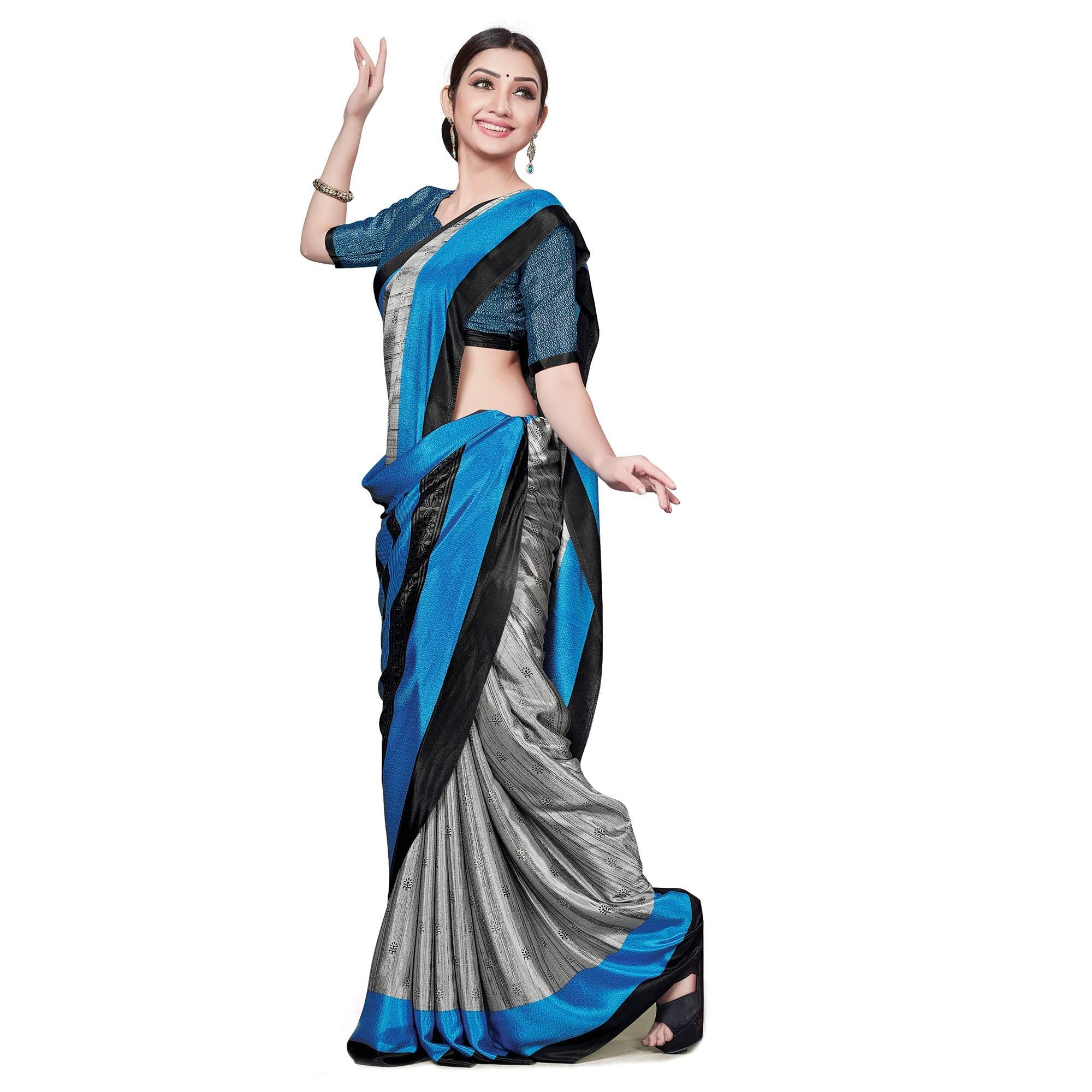 Intricate Grey Colored Casual Wear Printed Crepe Saree - Peachmode