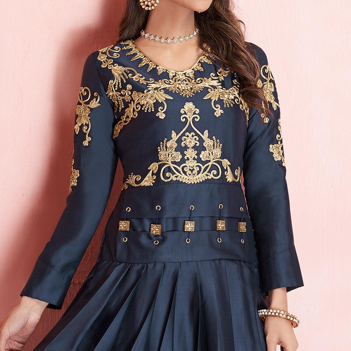 Intricate Greyish Black Colored Partywear Embroidered Tapeta Silk Gown - Peachmode
