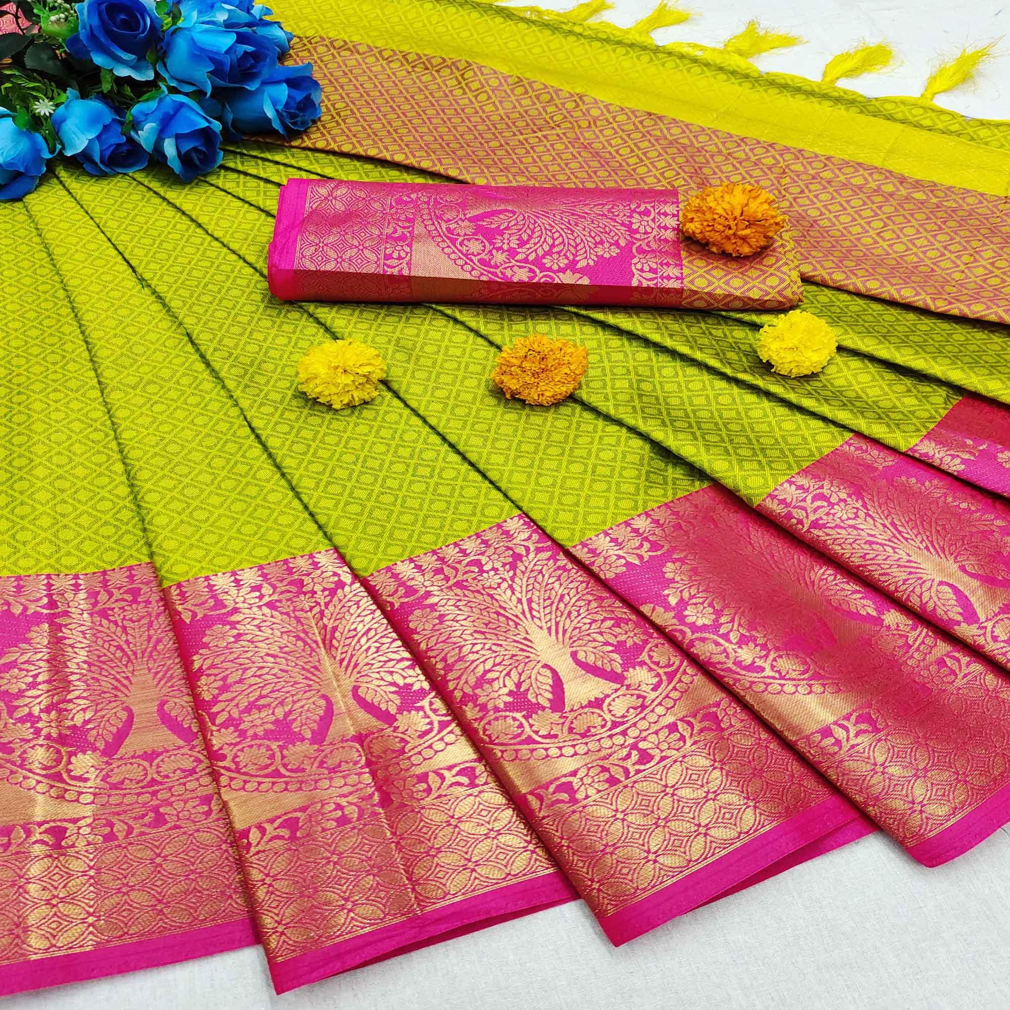 Intricate Lemon Colored Festive Wear Woven Cotton Silk Saree - Peachmode