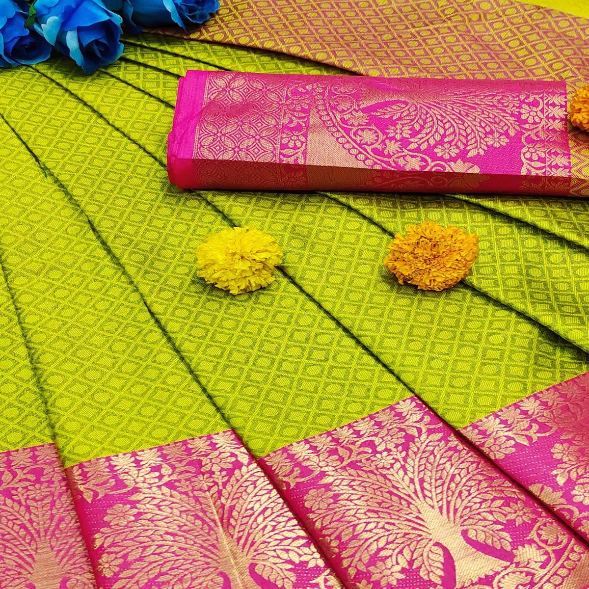 Intricate Lemon Colored Festive Wear Woven Cotton Silk Saree - Peachmode