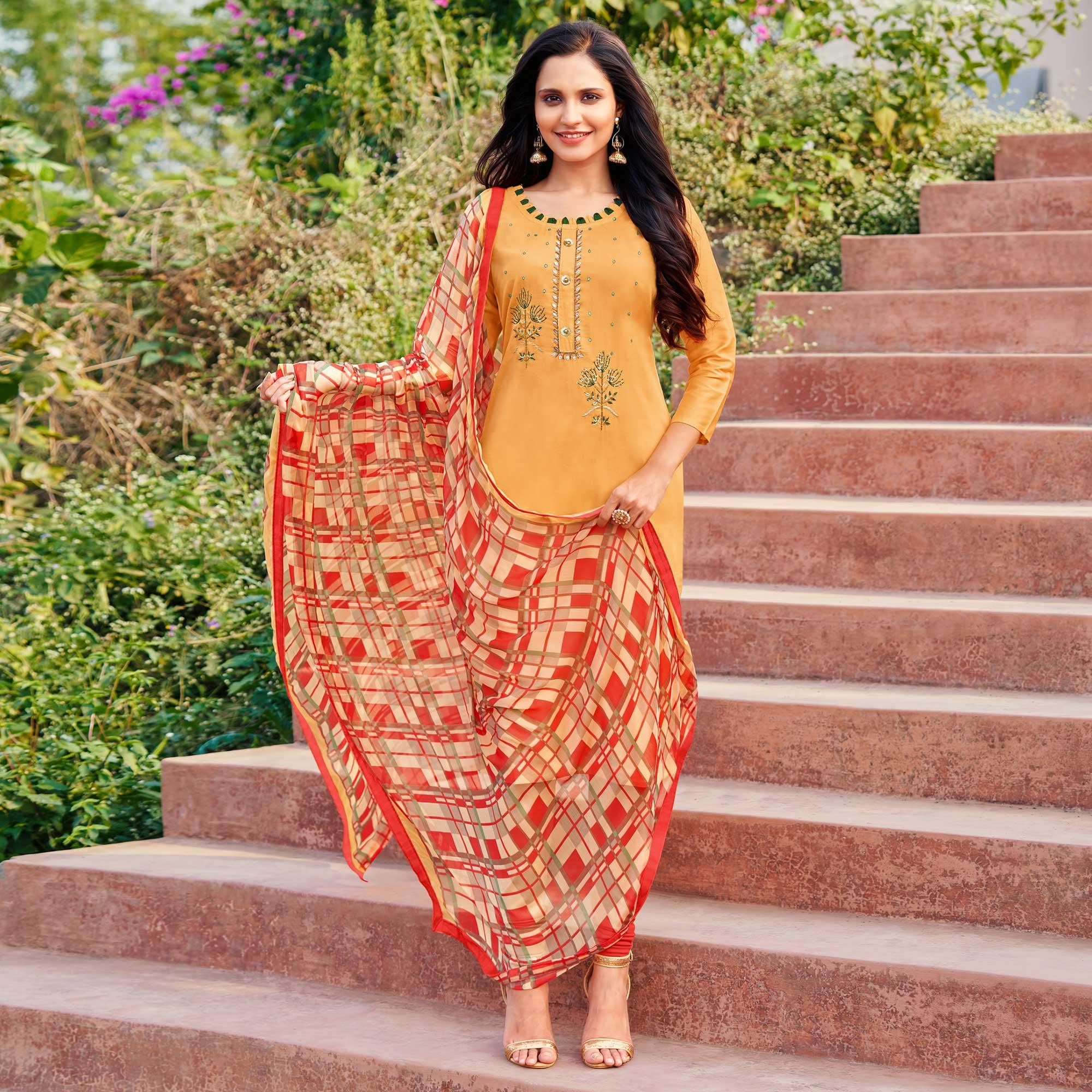 Intricate Light Orange Colored Partywear Embroidered Modal Cotton Dress Material - Peachmode