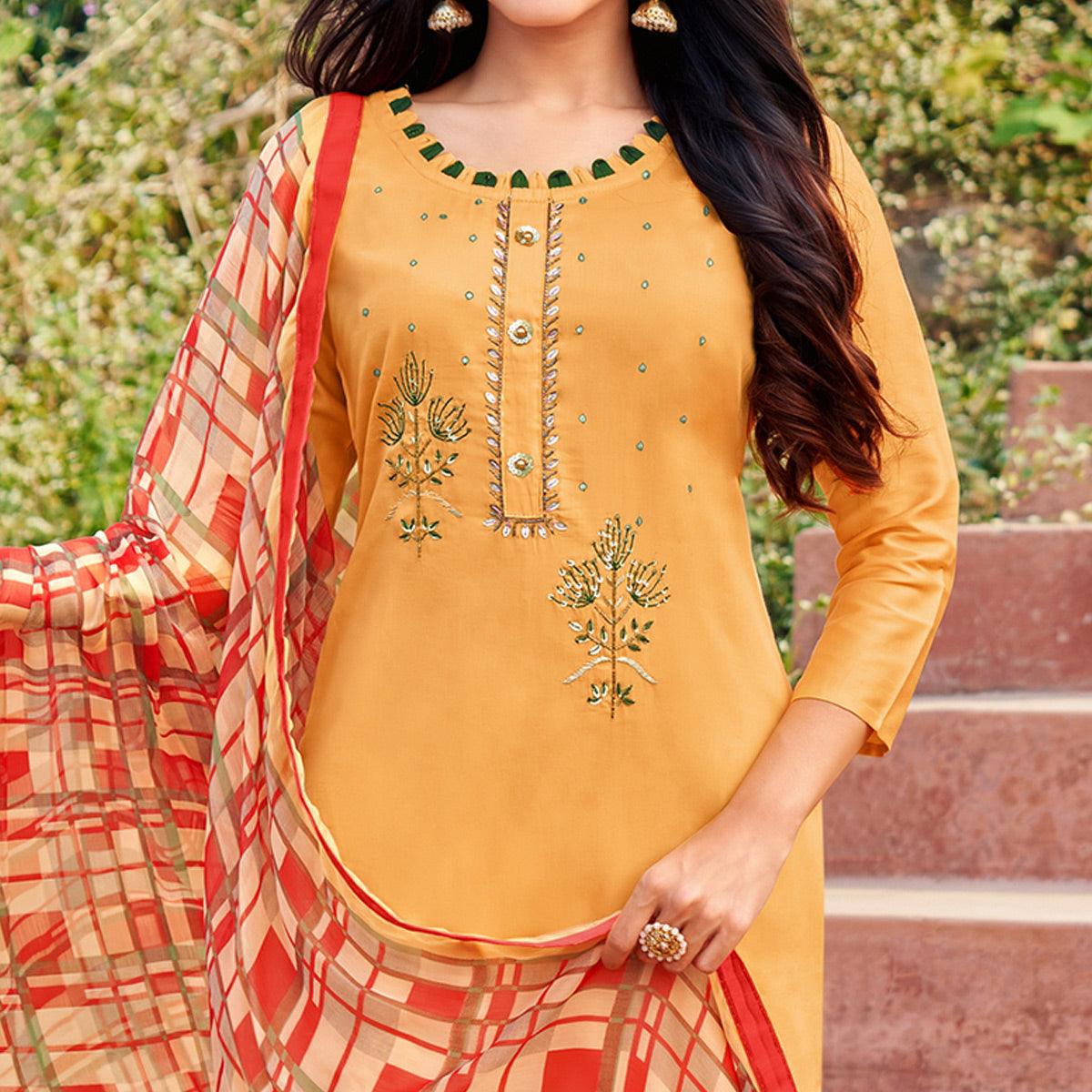 Intricate Light Orange Colored Partywear Embroidered Modal Cotton Dress Material - Peachmode