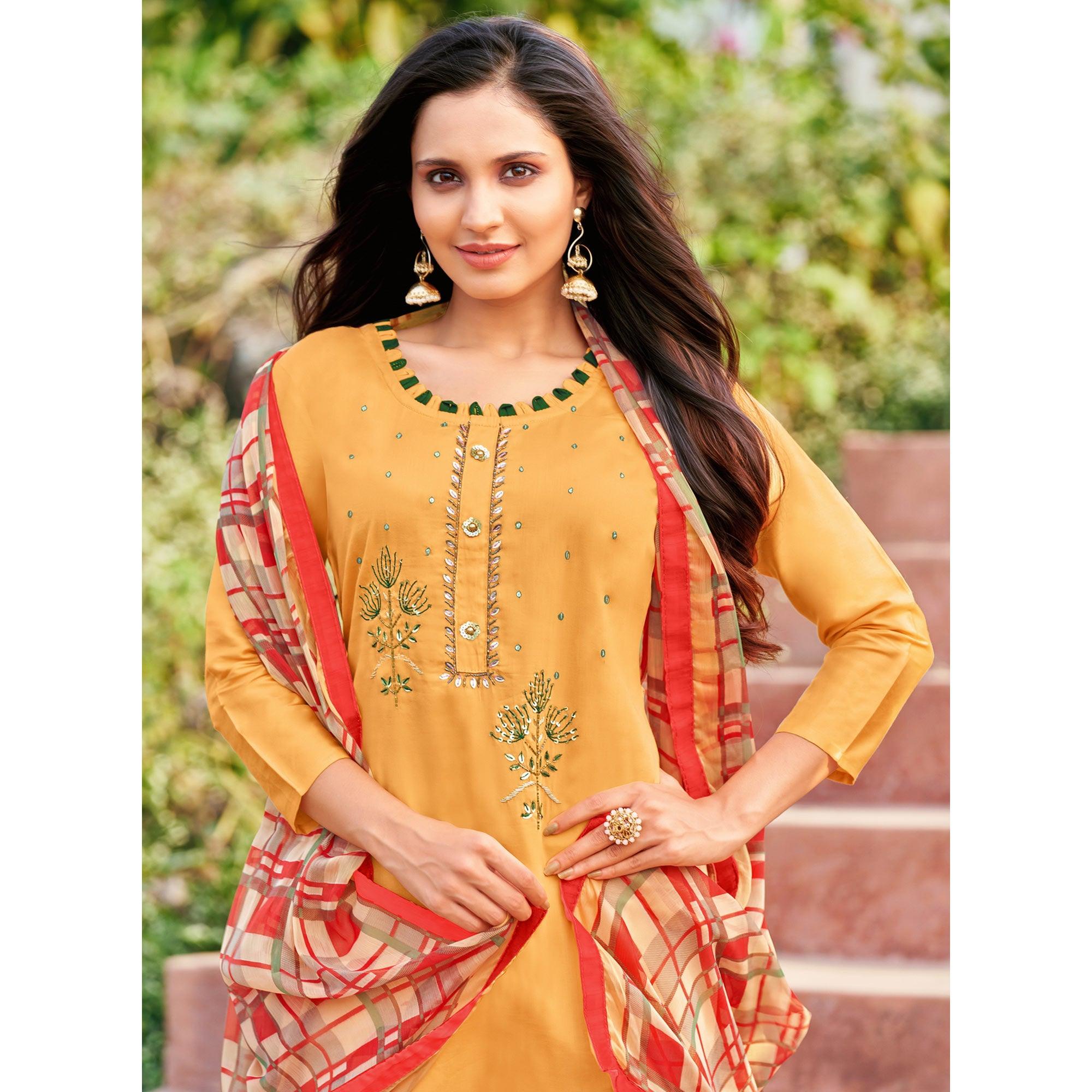 Intricate Light Orange Colored Partywear Embroidered Modal Cotton Dress Material - Peachmode