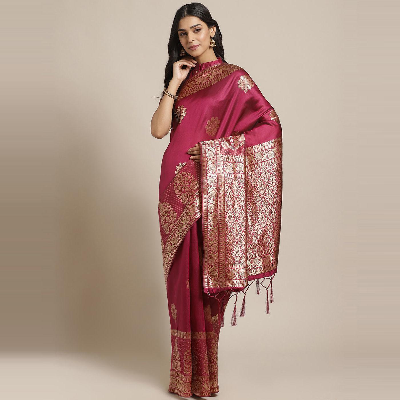 Intricate Magenta Colored Festive Wear Woven Silk Blend Saree - Peachmode