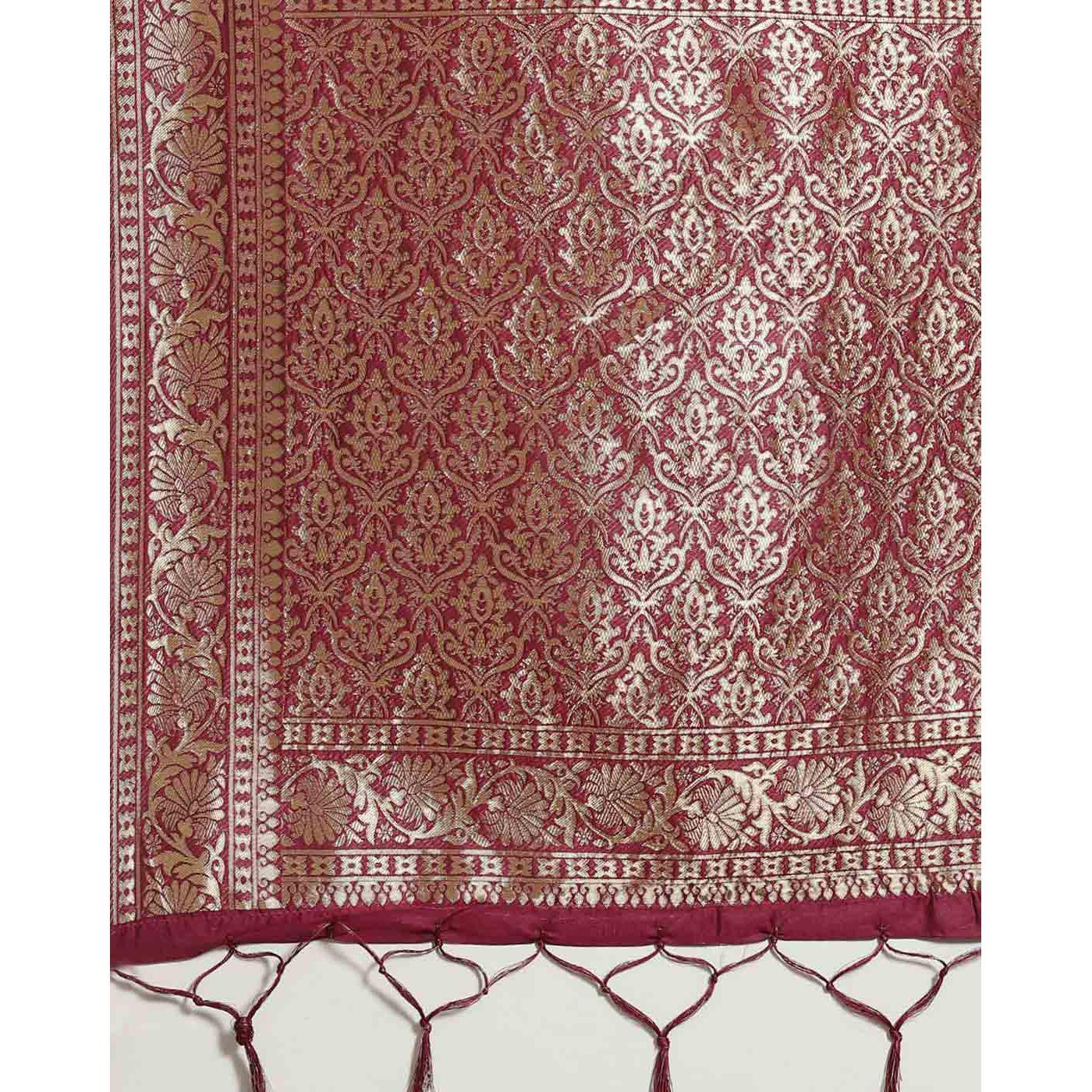 Intricate Magenta Colored Festive Wear Woven Silk Blend Saree - Peachmode