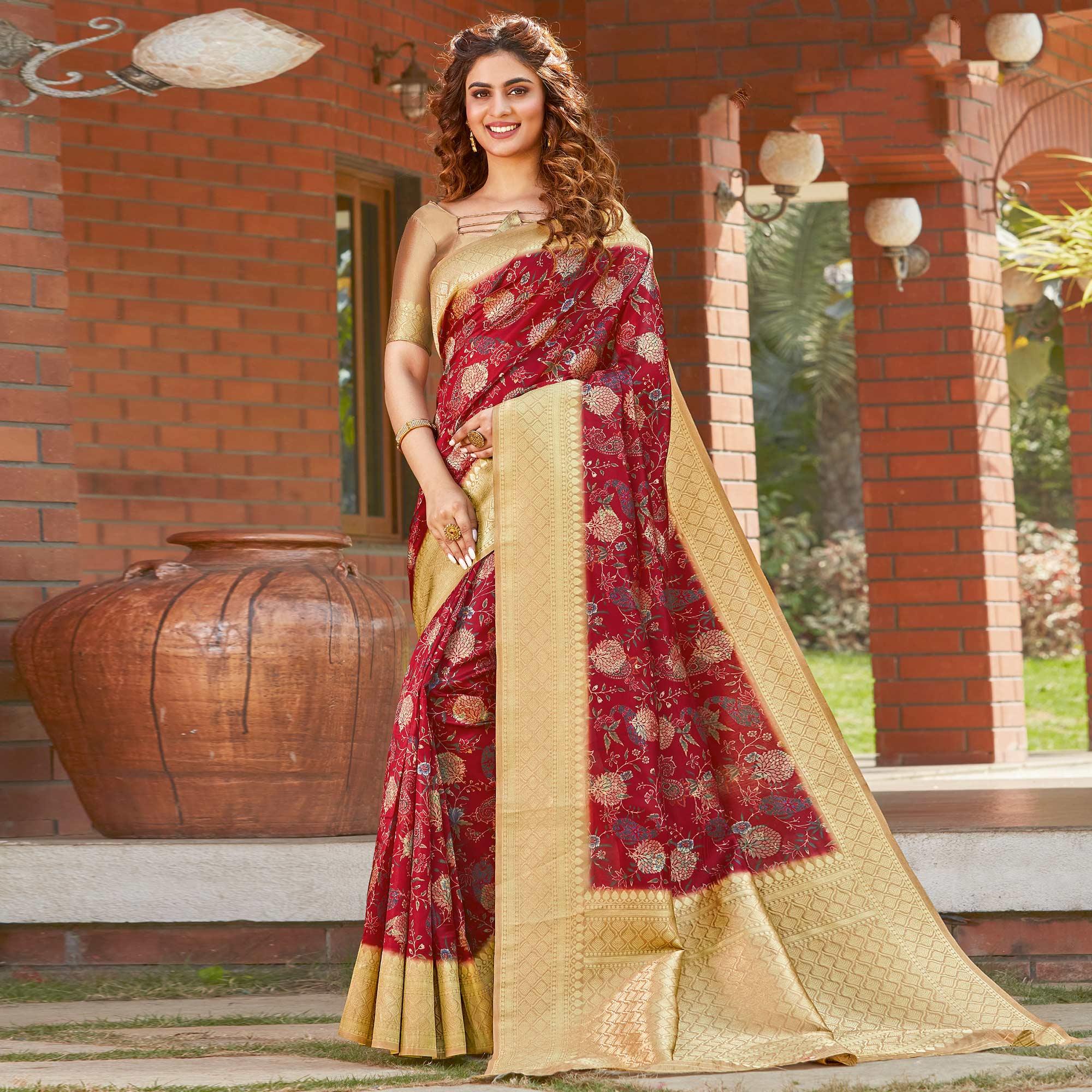 Intricate Maroon Colored Festive Wear Floral Digital Printed Silk Saree - Peachmode