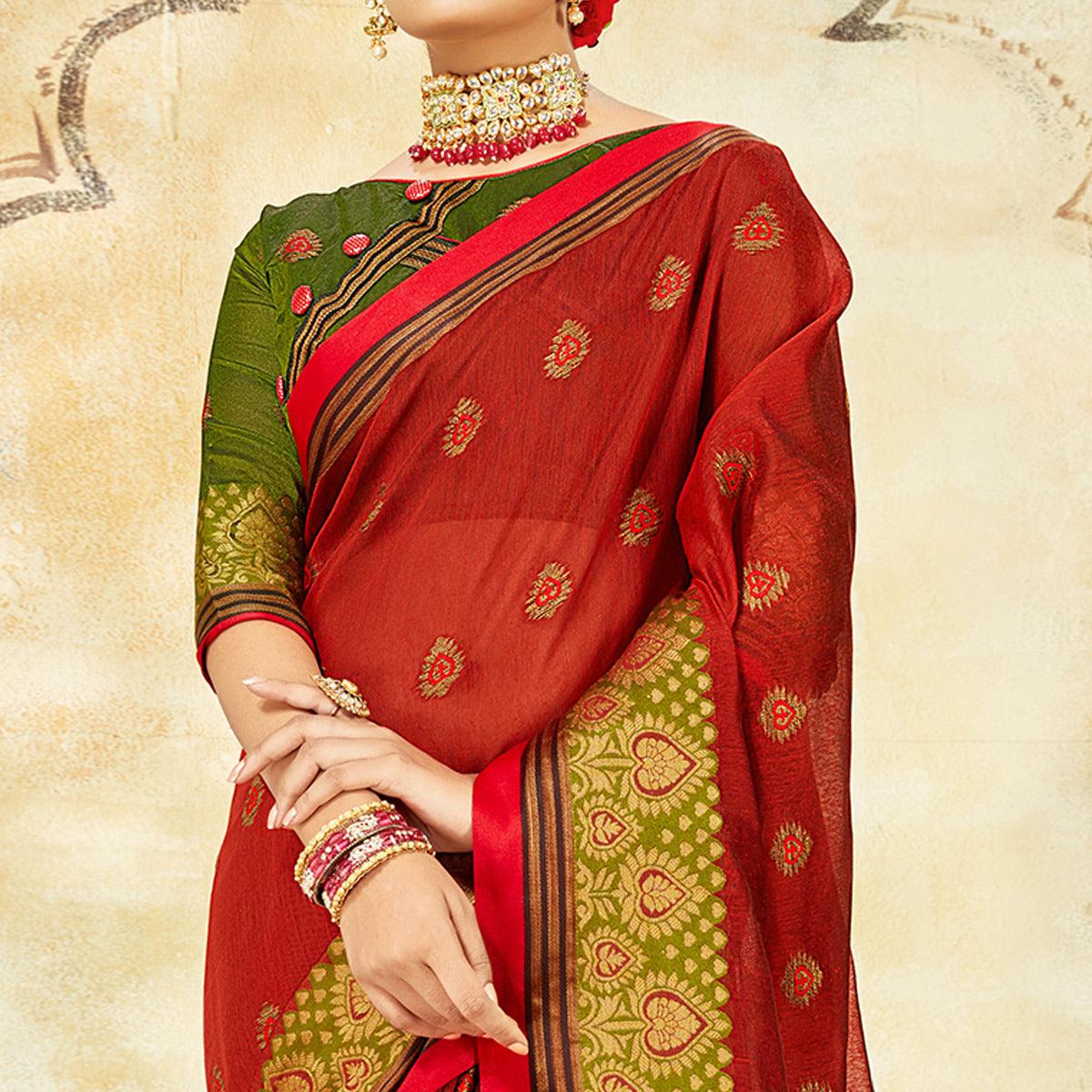 Intricate Maroon Colored Festive Wear Woven Cotton Saree - Peachmode