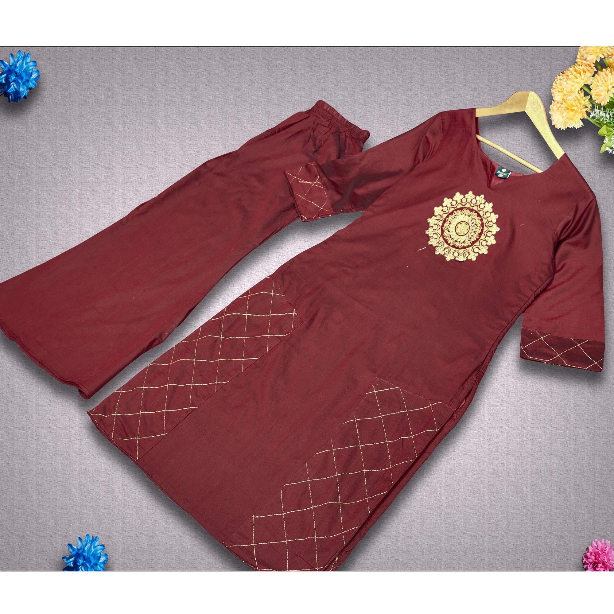 Intricate Maroon Colored Partywear Embroidered Pure Viscose Silk Kurti-Palazzo Set - Peachmode