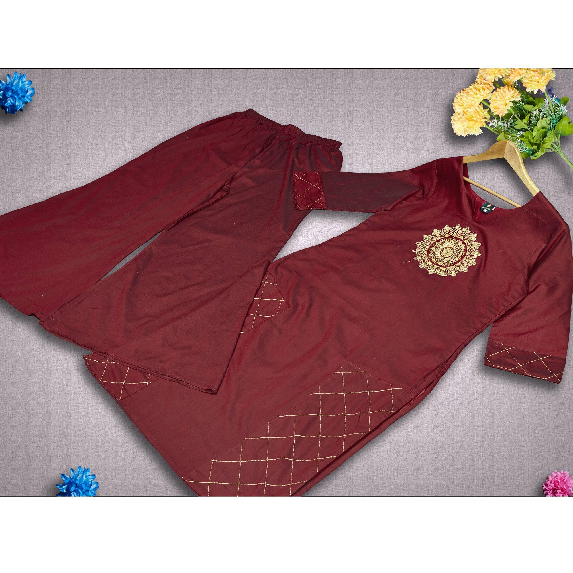 Intricate Maroon Colored Partywear Embroidered Pure Viscose Silk Kurti-Palazzo Set - Peachmode
