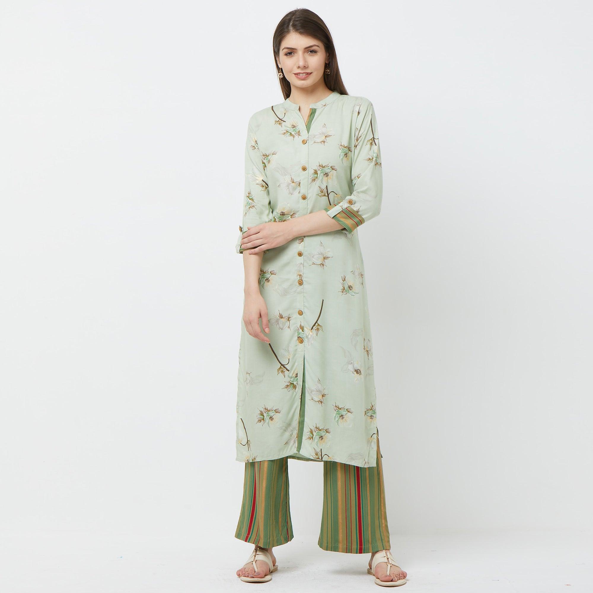 Intricate Mint Green Colored Casual Floral Printed Cotton Kurti-Palazzo Set - Peachmode