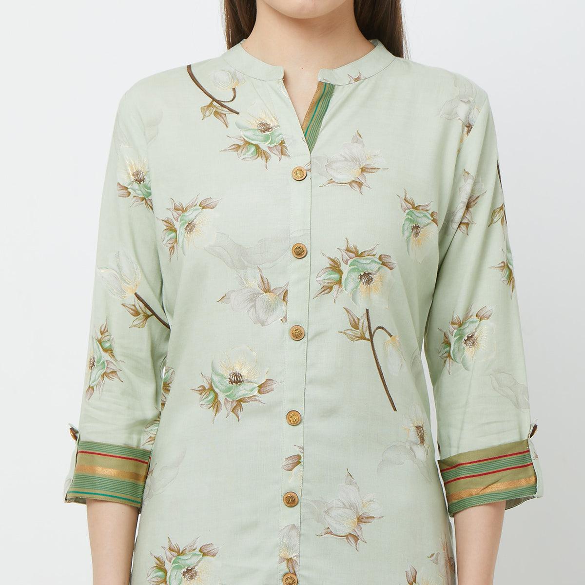 Intricate Mint Green Colored Casual Floral Printed Cotton Kurti-Palazzo Set - Peachmode