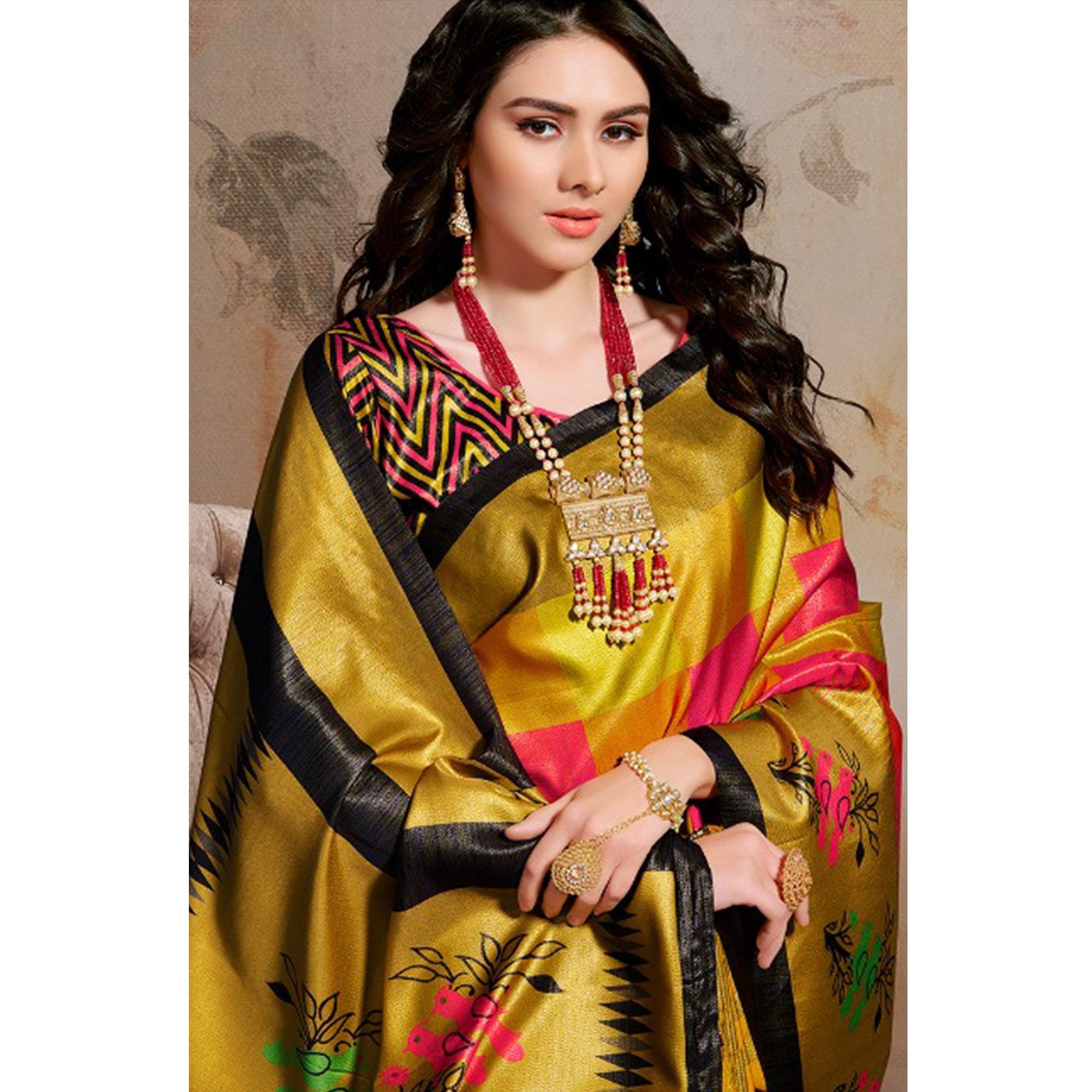 Intricate Multi Colored Festive Wear Printed Silk Blend Saree With Tassels - Peachmode