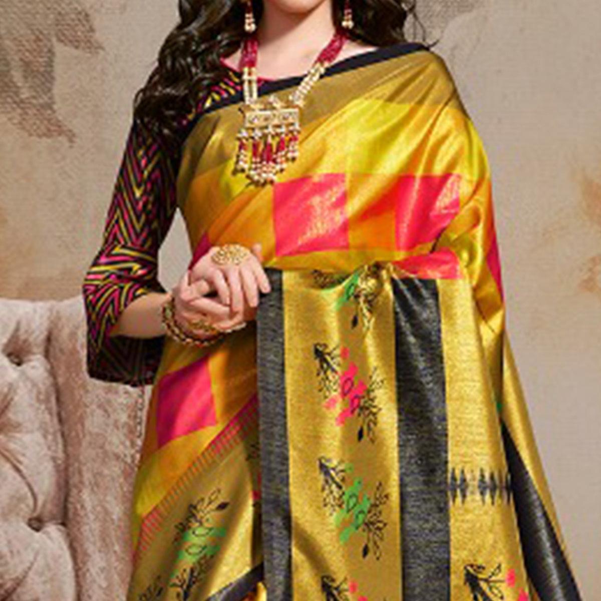 Intricate Multi Colored Festive Wear Printed Silk Blend Saree With Tassels - Peachmode