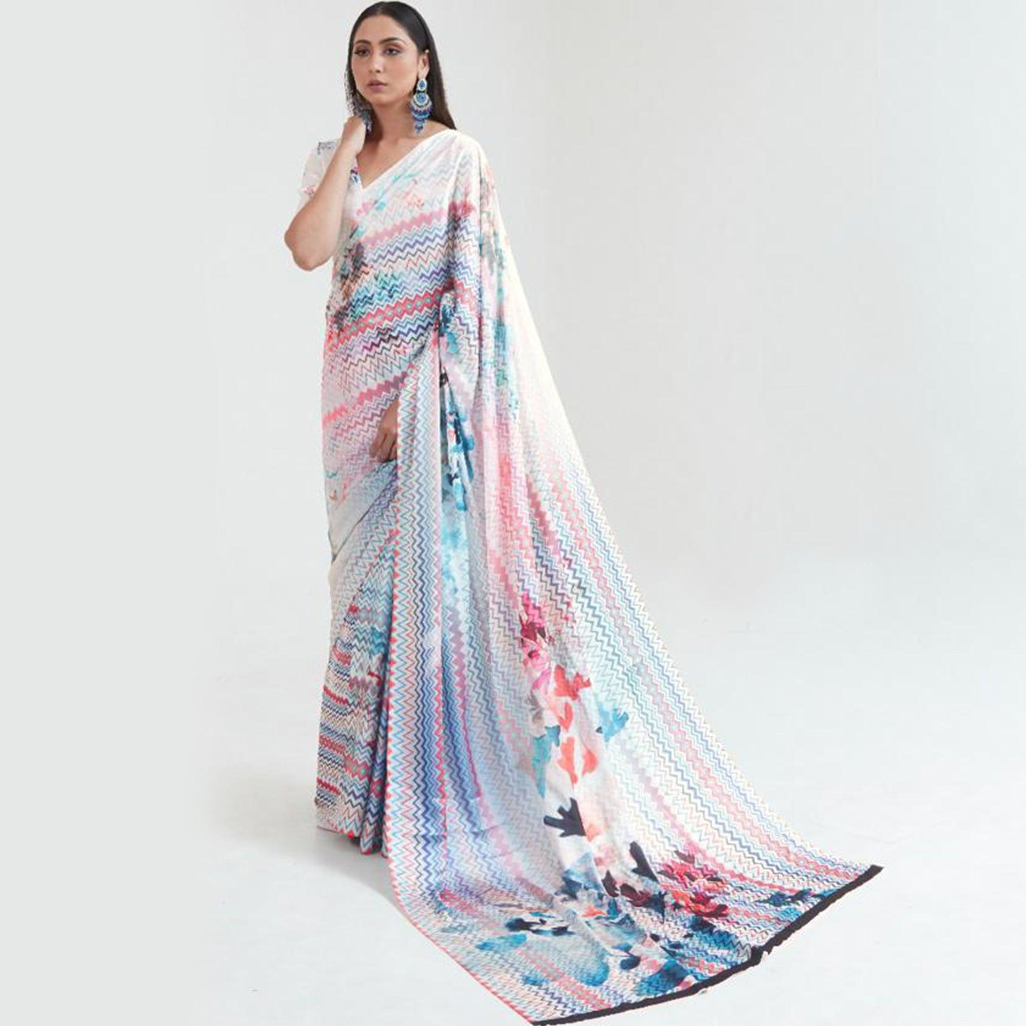 Intricate Multi Coloured Casual Wear Digital Printed Satin Saree - Peachmode